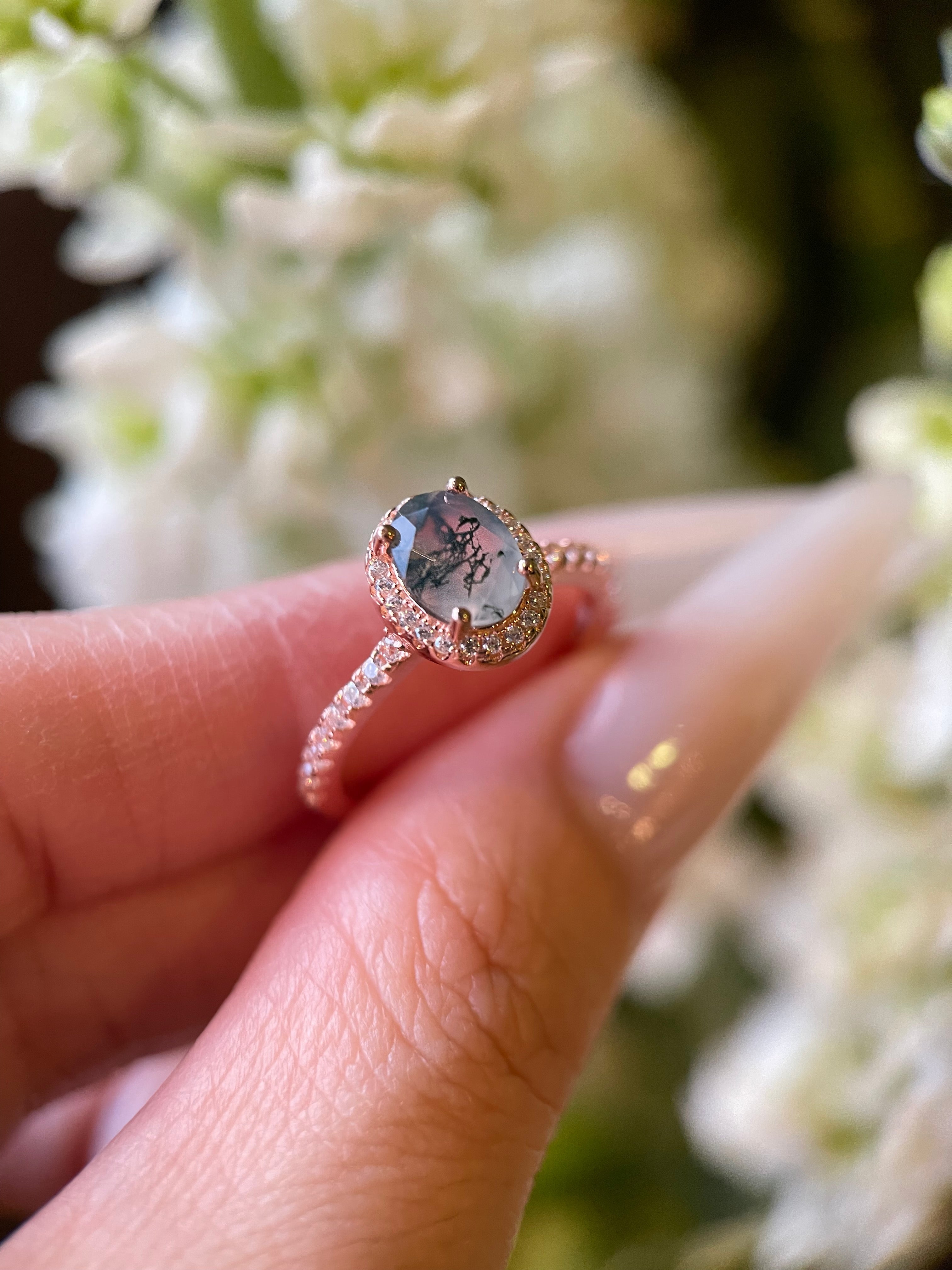 【Bosquet Enchanté】Bague de fiançailles unique en agate mousse naturelle faite à la main, 1,5 ct, forme ovale