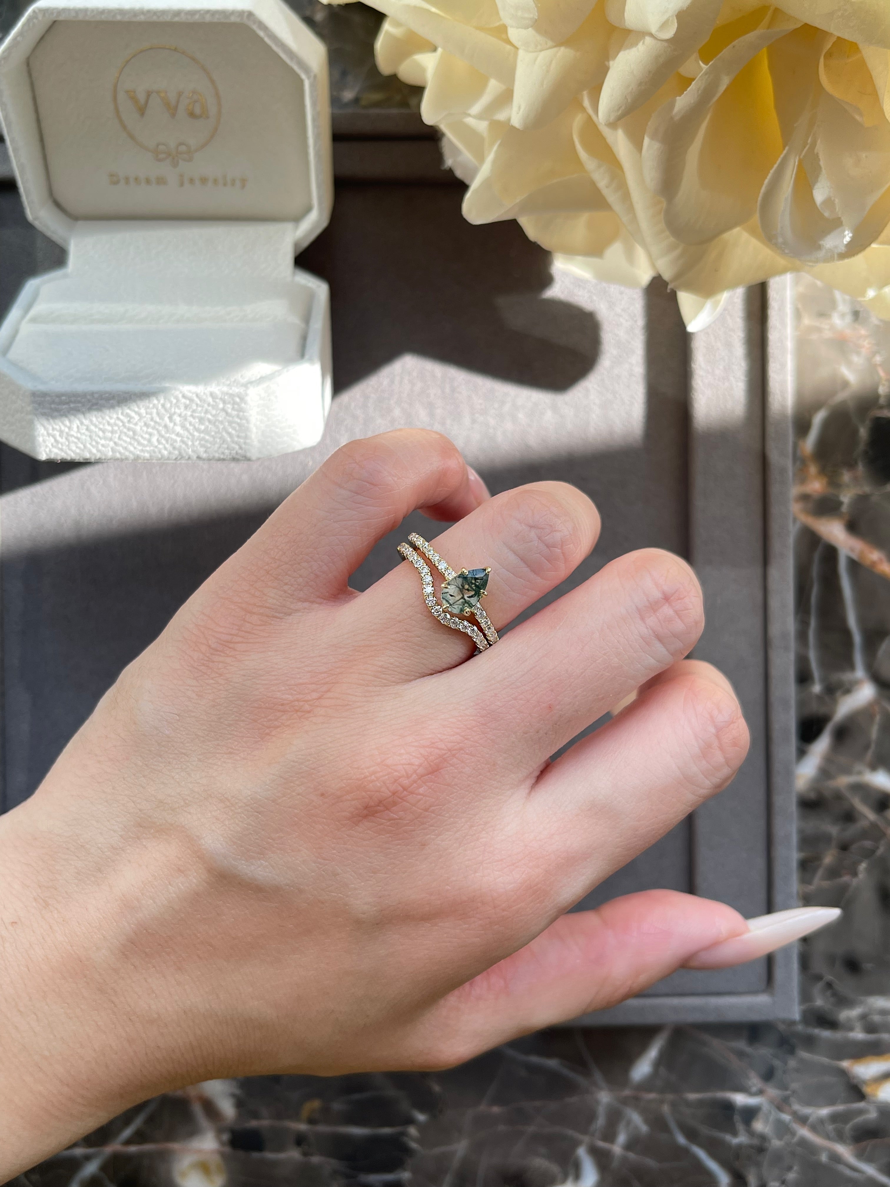 【Sylvan Covenant】Unique Handmade Natural Moss Agate Engagement Ring Set 2pcs 0.7ct Pear Shape