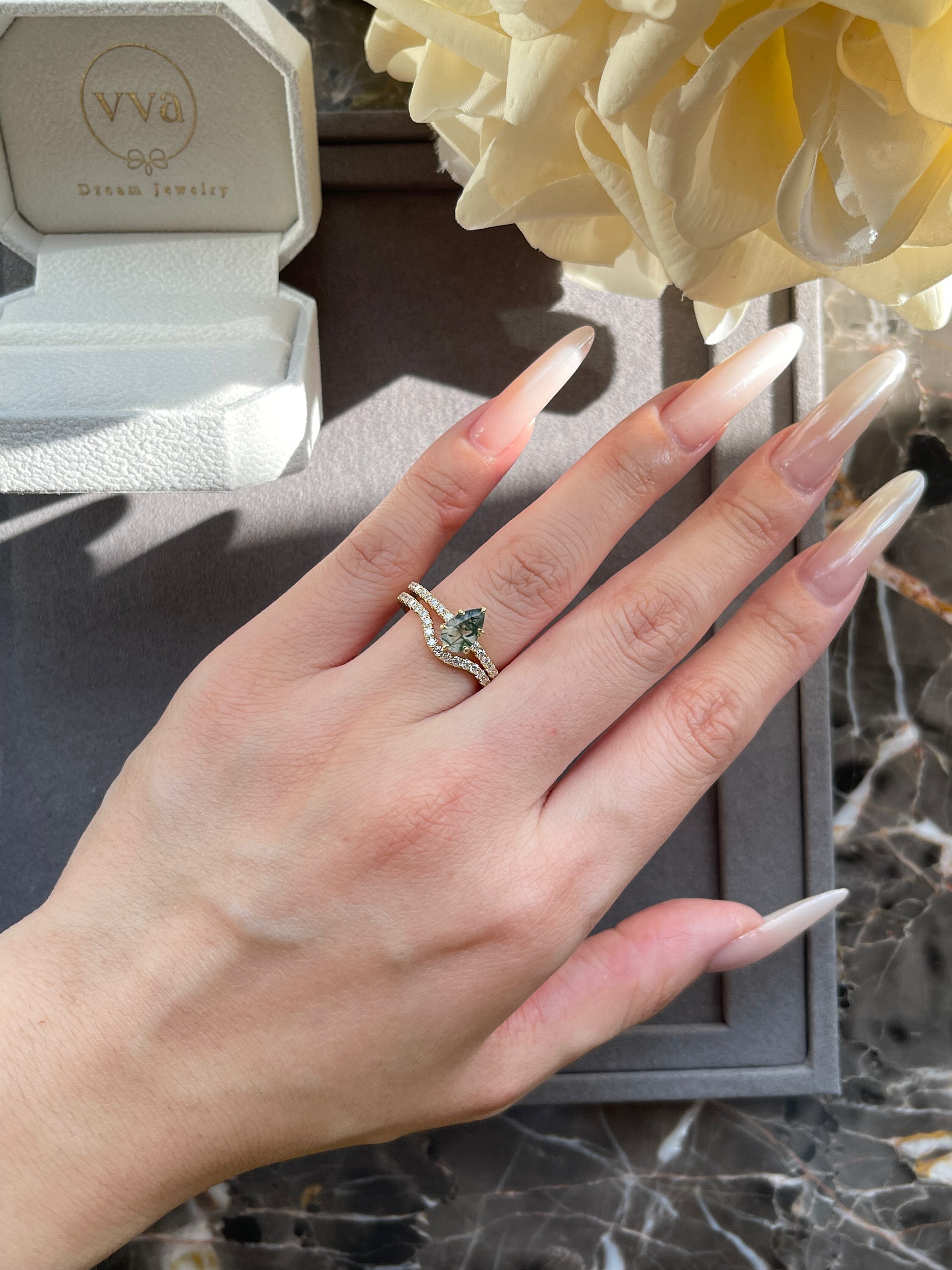 【Sylvan Covenant】Unique Handmade Natural Moss Agate Engagement Ring Set 2pcs 0.7ct Pear Shape