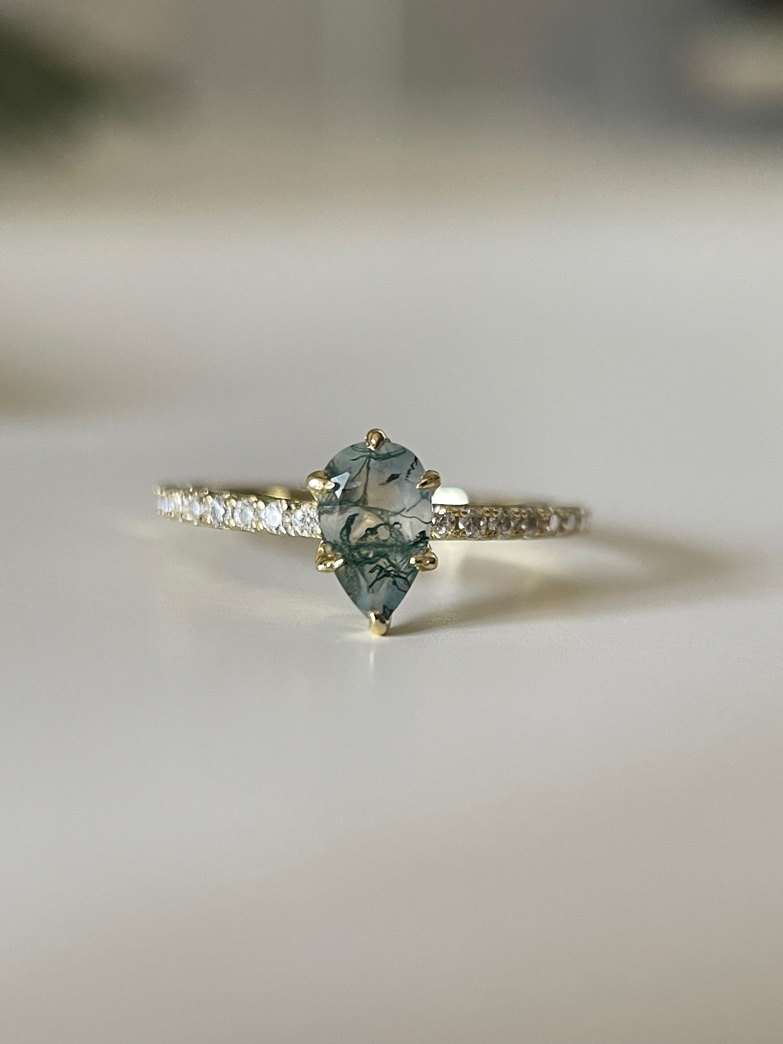 【Sylvan Covenant】Unique Handmade Natural Moss Agate Engagement Ring Set 2pcs 0.7ct Pear Shape