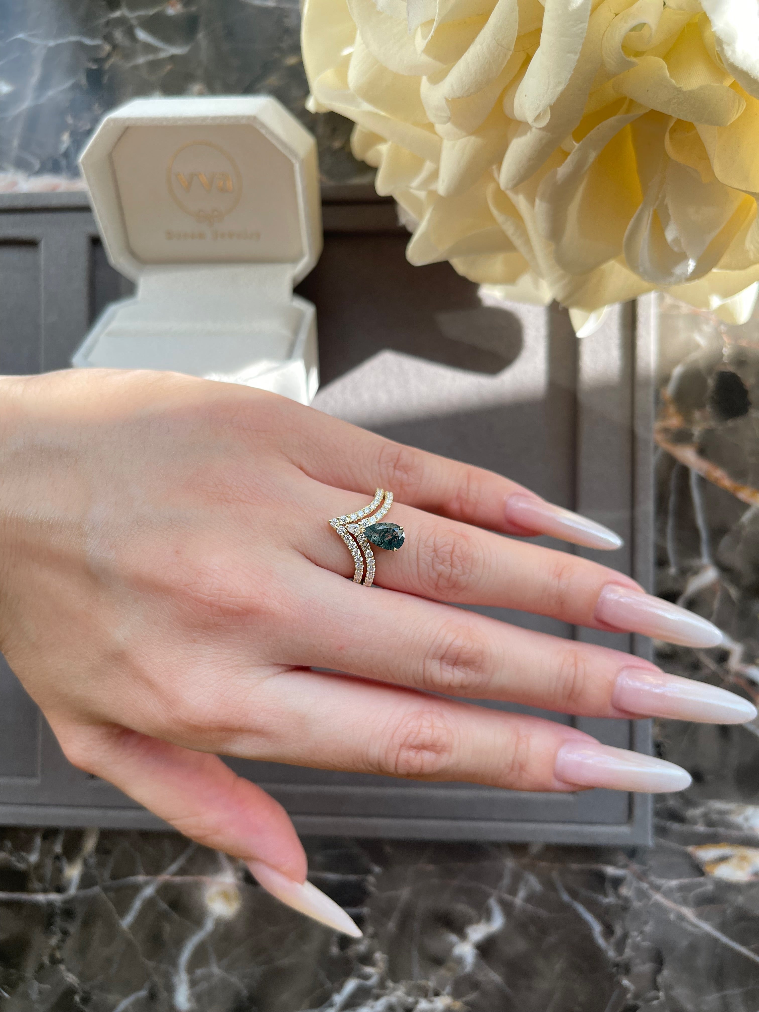 【Mossgard】Unique Handmade Natural Moss Agate Engagement Ring Set 2pcs 0.7ct Pear Shape