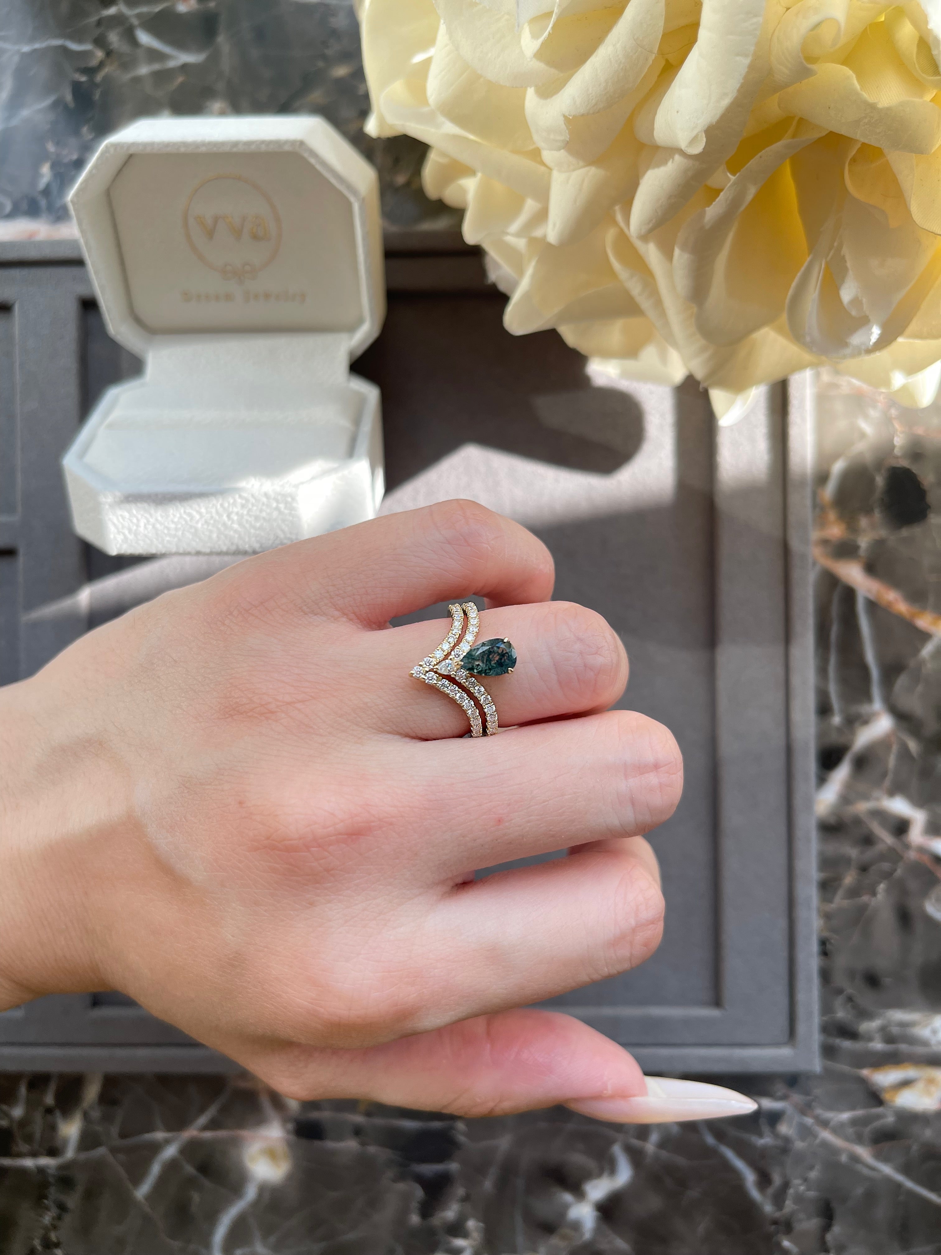 【Mossgard】Unique Handmade Natural Moss Agate Engagement Ring Set 2pcs 0.7ct Pear Shape