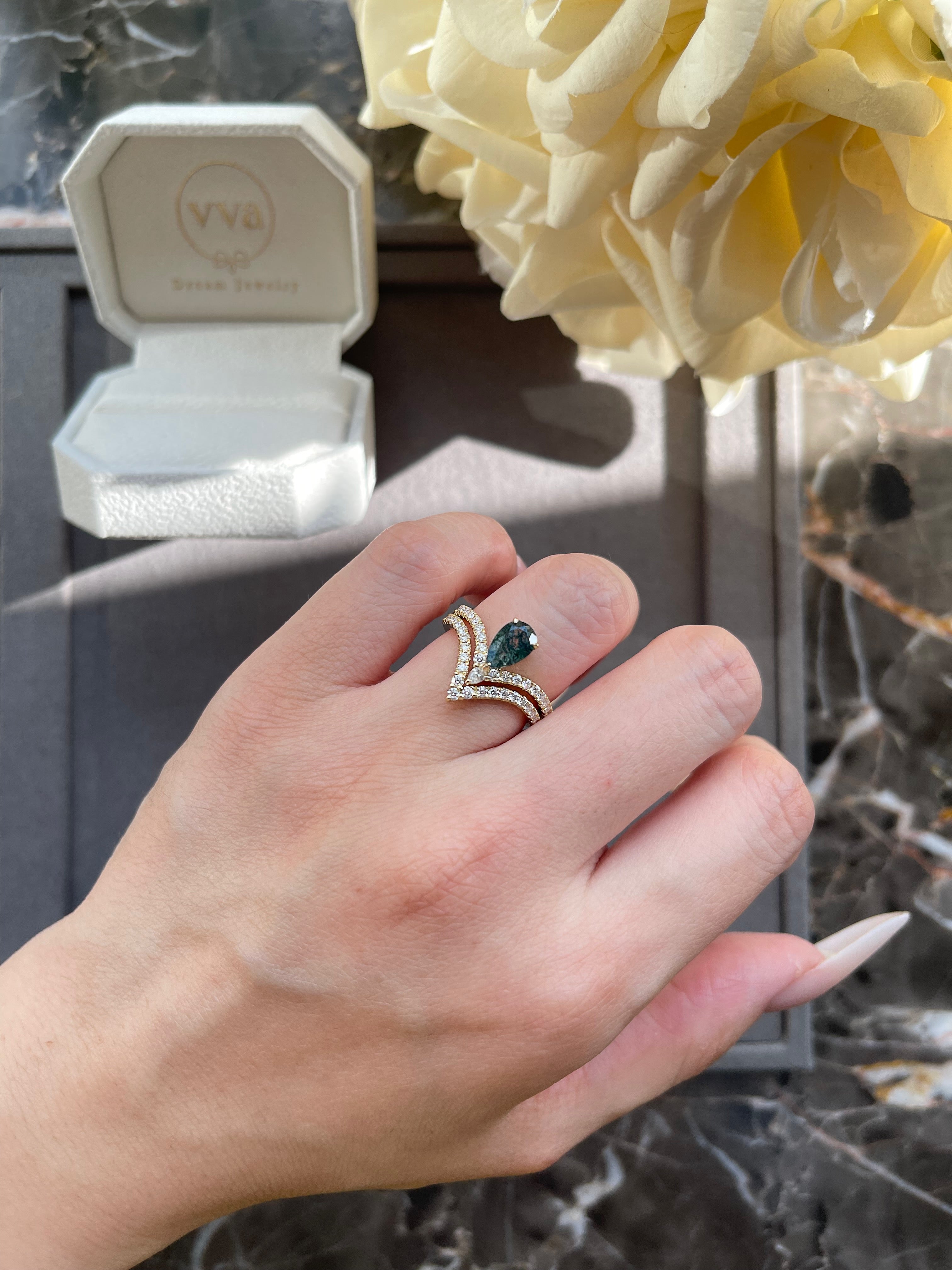 【Mossgard】Unique Handmade Natural Moss Agate Engagement Ring Set 2pcs 0.7ct Pear Shape