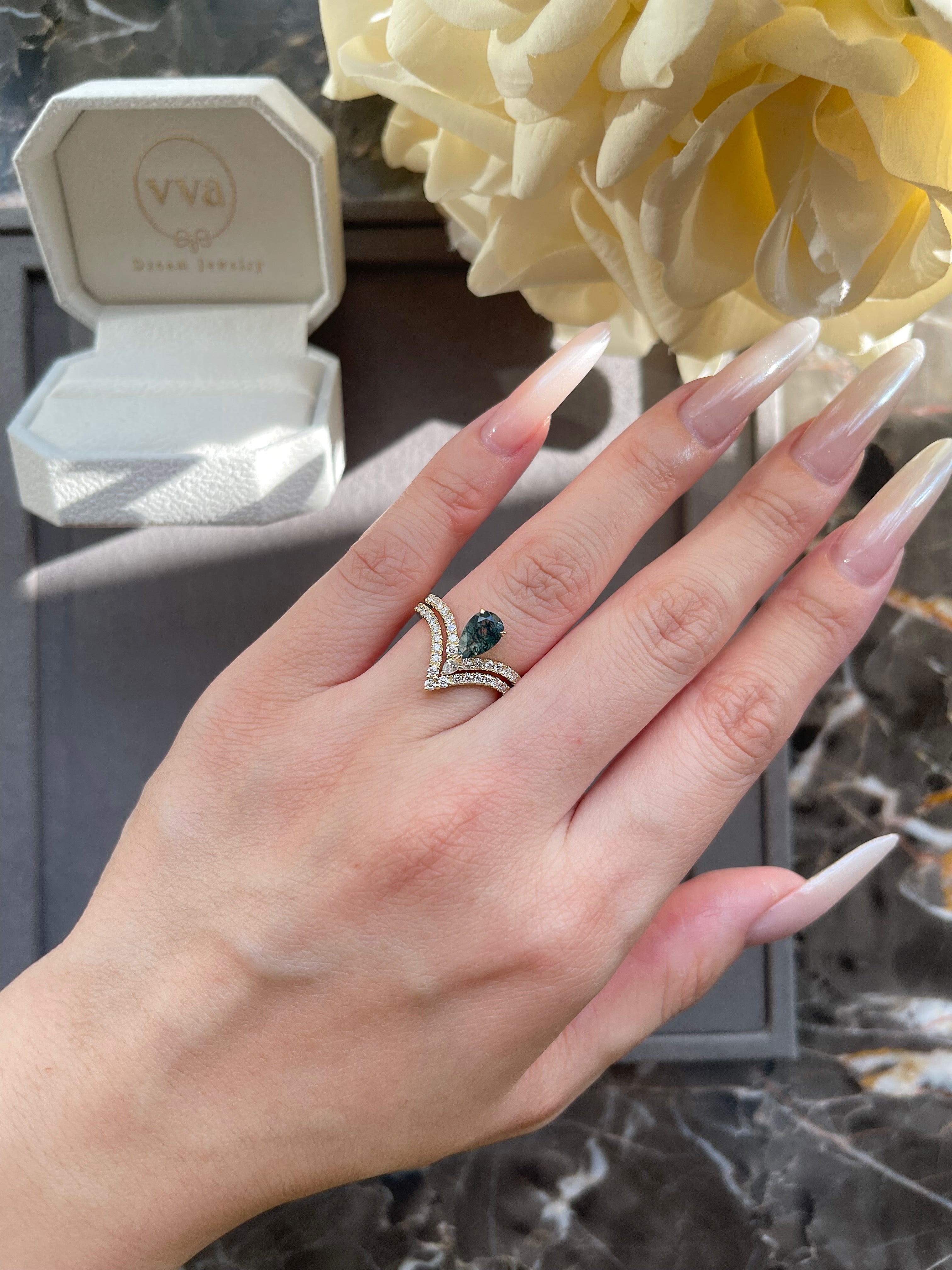 【Mossgard】Unique Handmade Natural Moss Agate Engagement Ring Set 2pcs 0.7ct Pear Shape