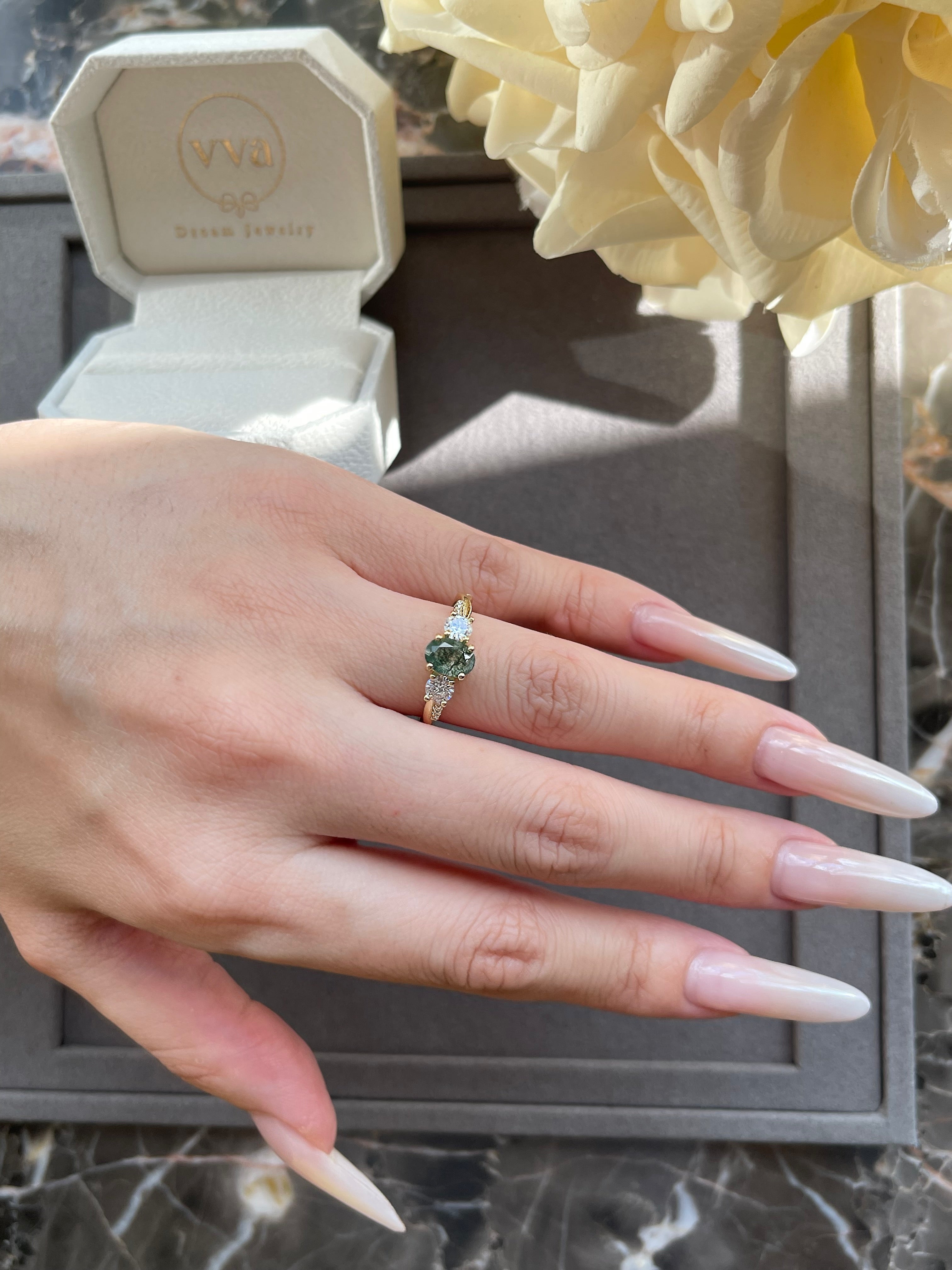 【Veritas】Unique Handmade Natural Moss Agate Engagement Ring Set 2pcs 0.75ct Oval Shape