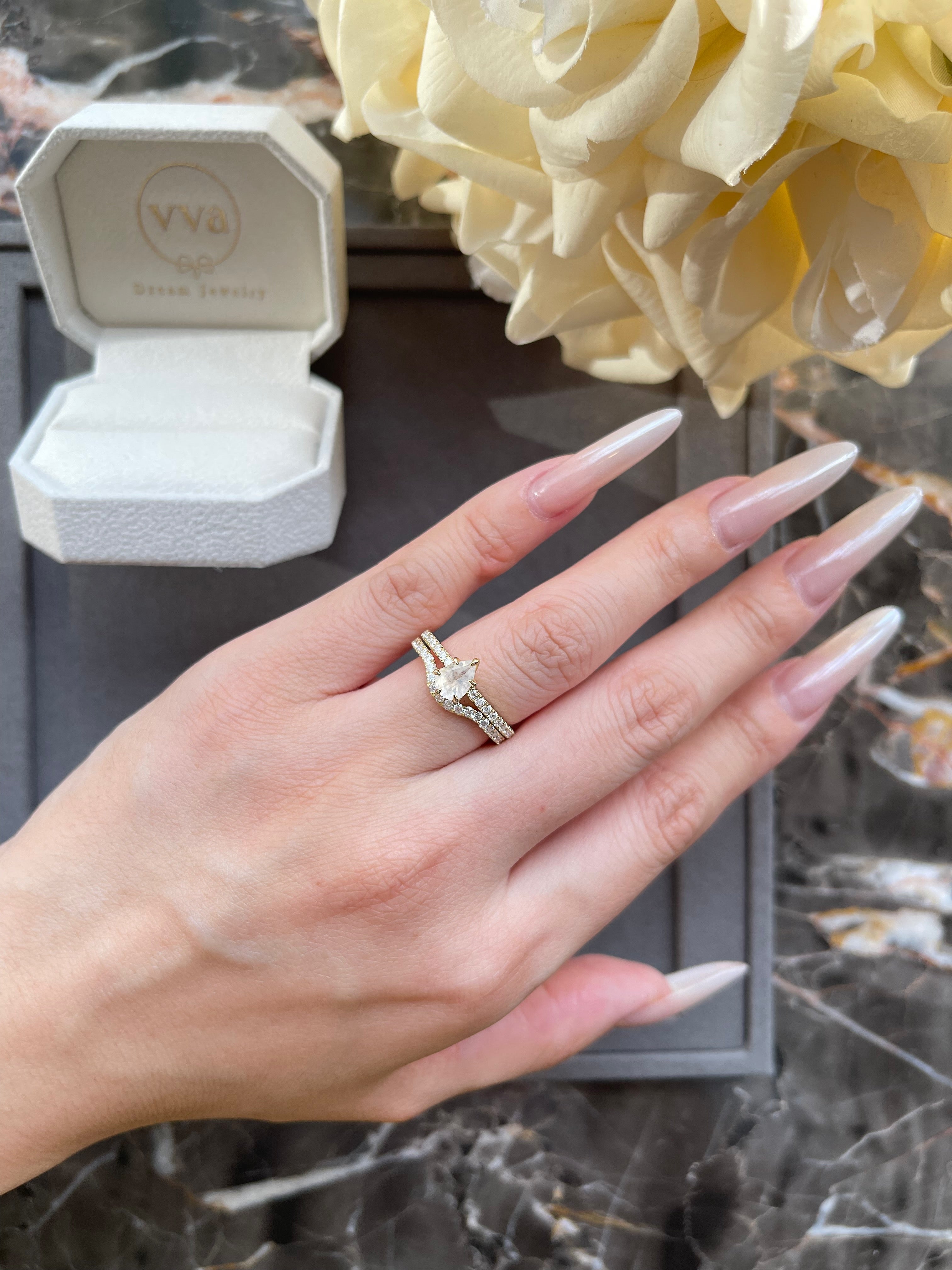 【Serenade Solitaire】Unique Handmade Natural Blue Moonstone Engagement Ring Set 2pcs 0.7ct Pear Shape