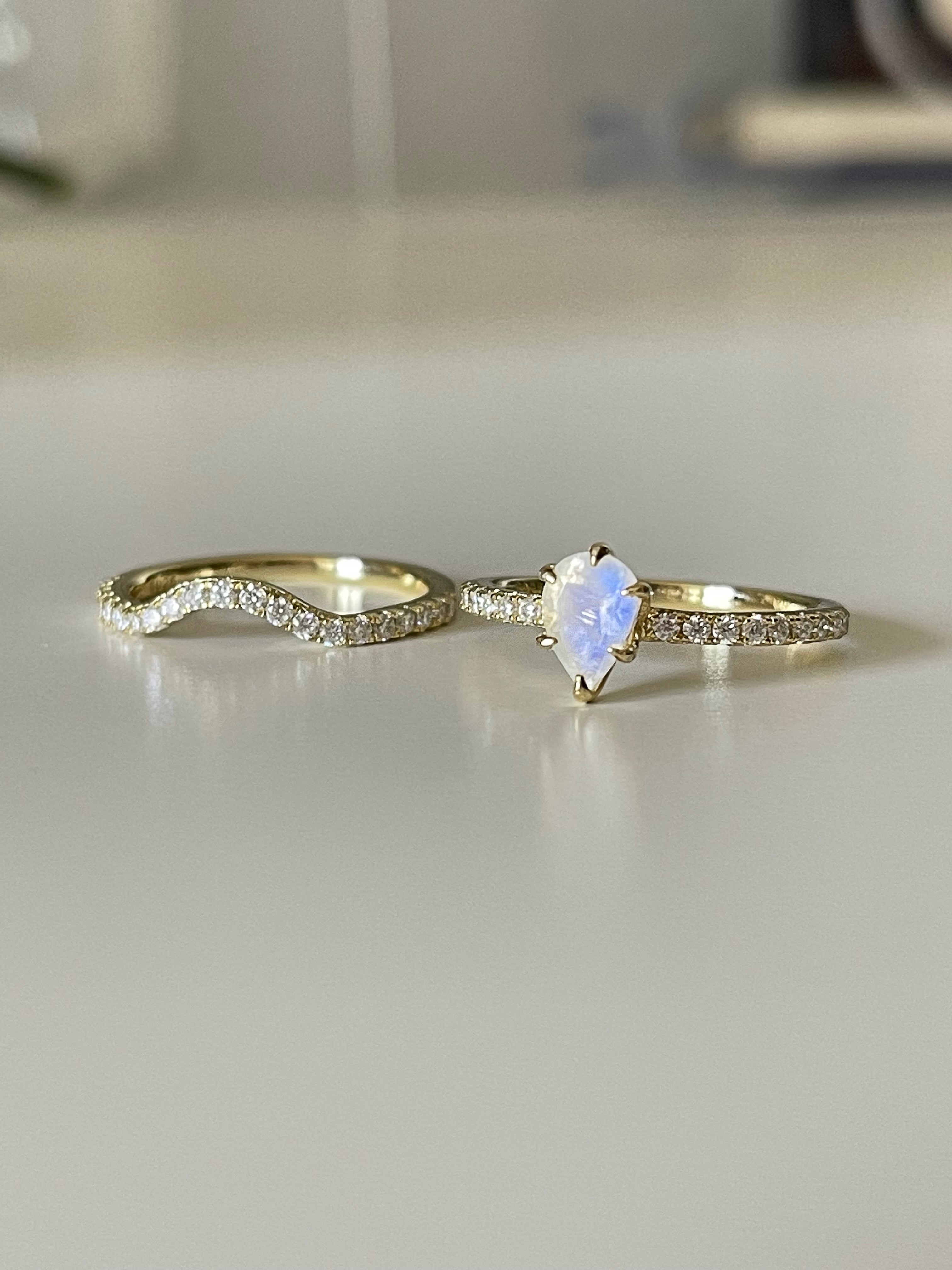 【Serenade Solitaire】Unique Handmade Natural Blue Moonstone Engagement Ring Set 2pcs 0.7ct Pear Shape