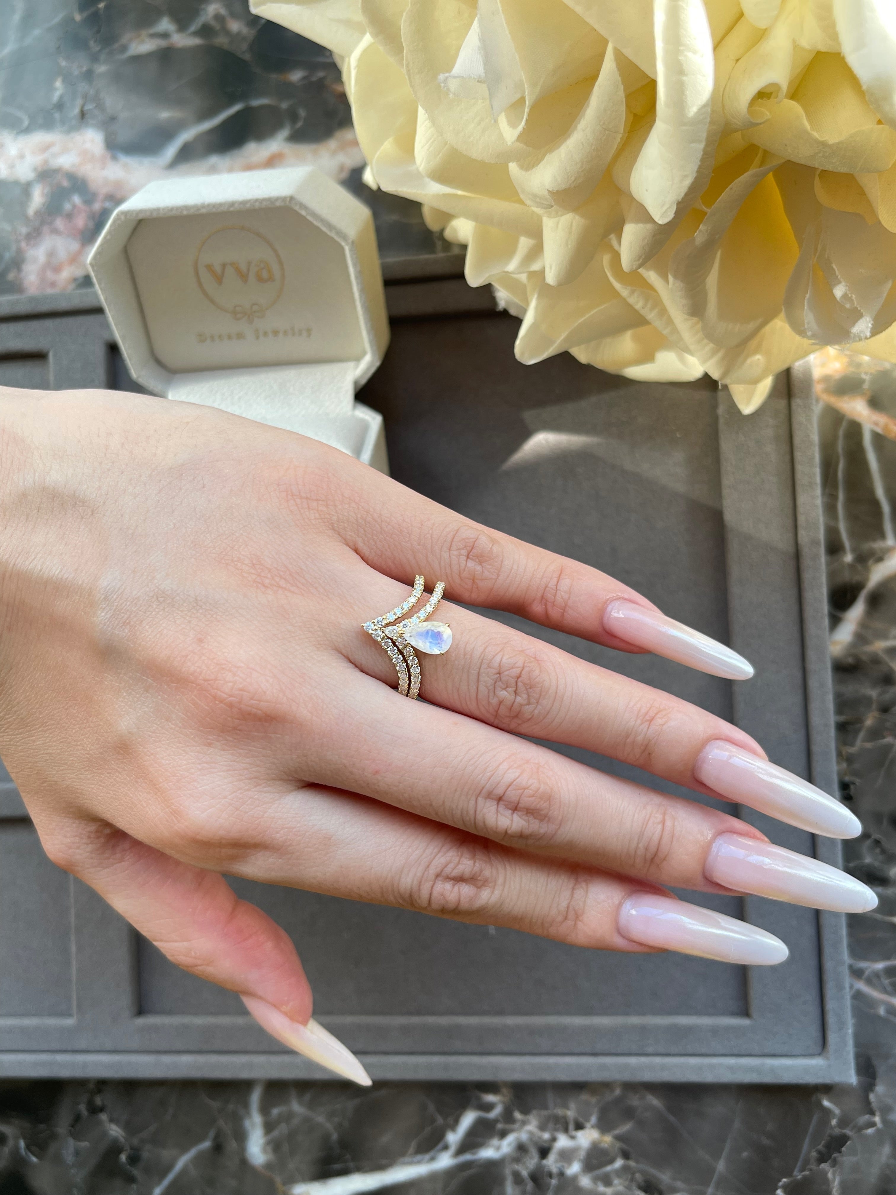 【Lumina Vow】Unique Handmade Natural Blue Moonstone Engagement Ring Set 2pcs 0.7ct Pear Shape