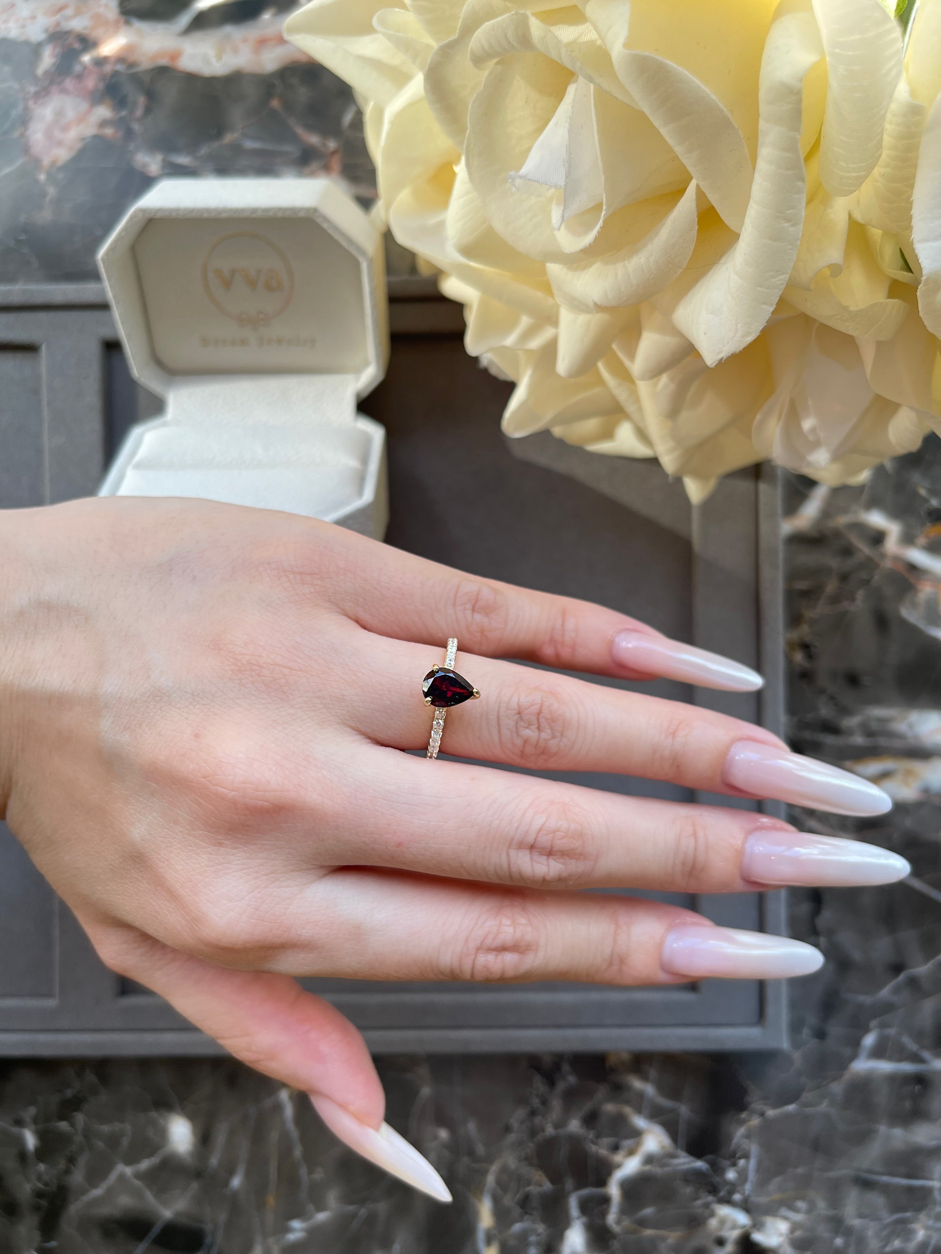 【Rubellite Cascade】Unique Handmade Natural Rhodolite Garnet Engagement Ring 0.8ct Pear Shape