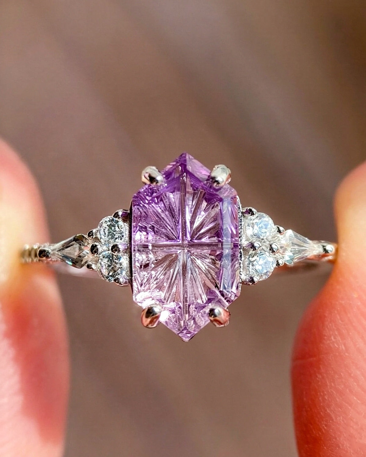 Amymone | Hexagon Natural Bicolor Amethyst Fantasy Cut Alternative Engagement Ring