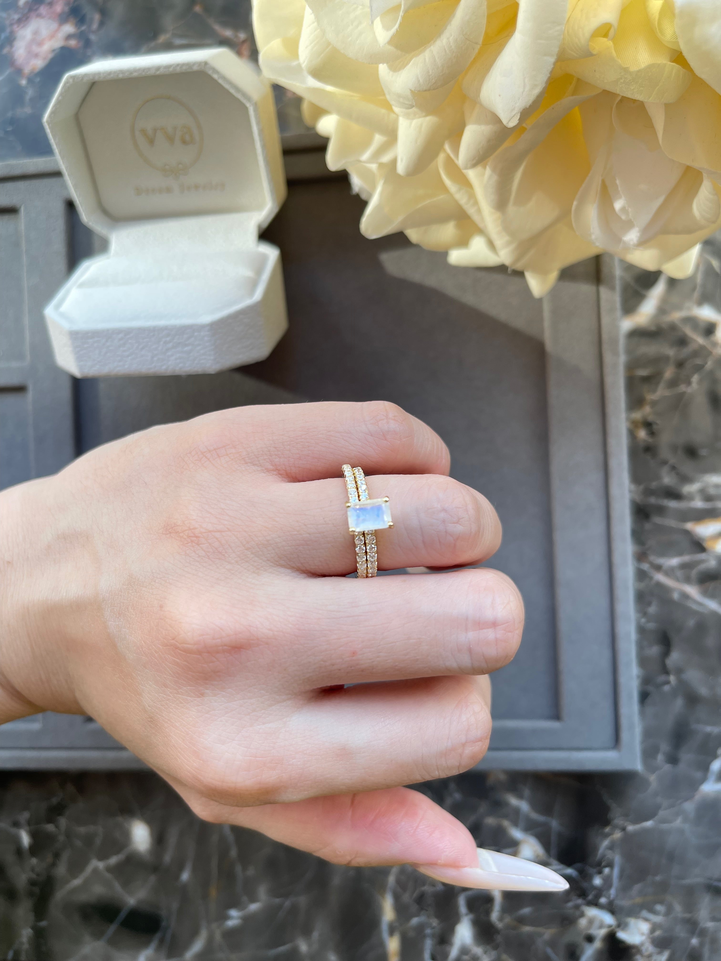 【Iris】Unique Handmade Natural Blue Moonstone Engagement Ring 1ct Baguette Shape