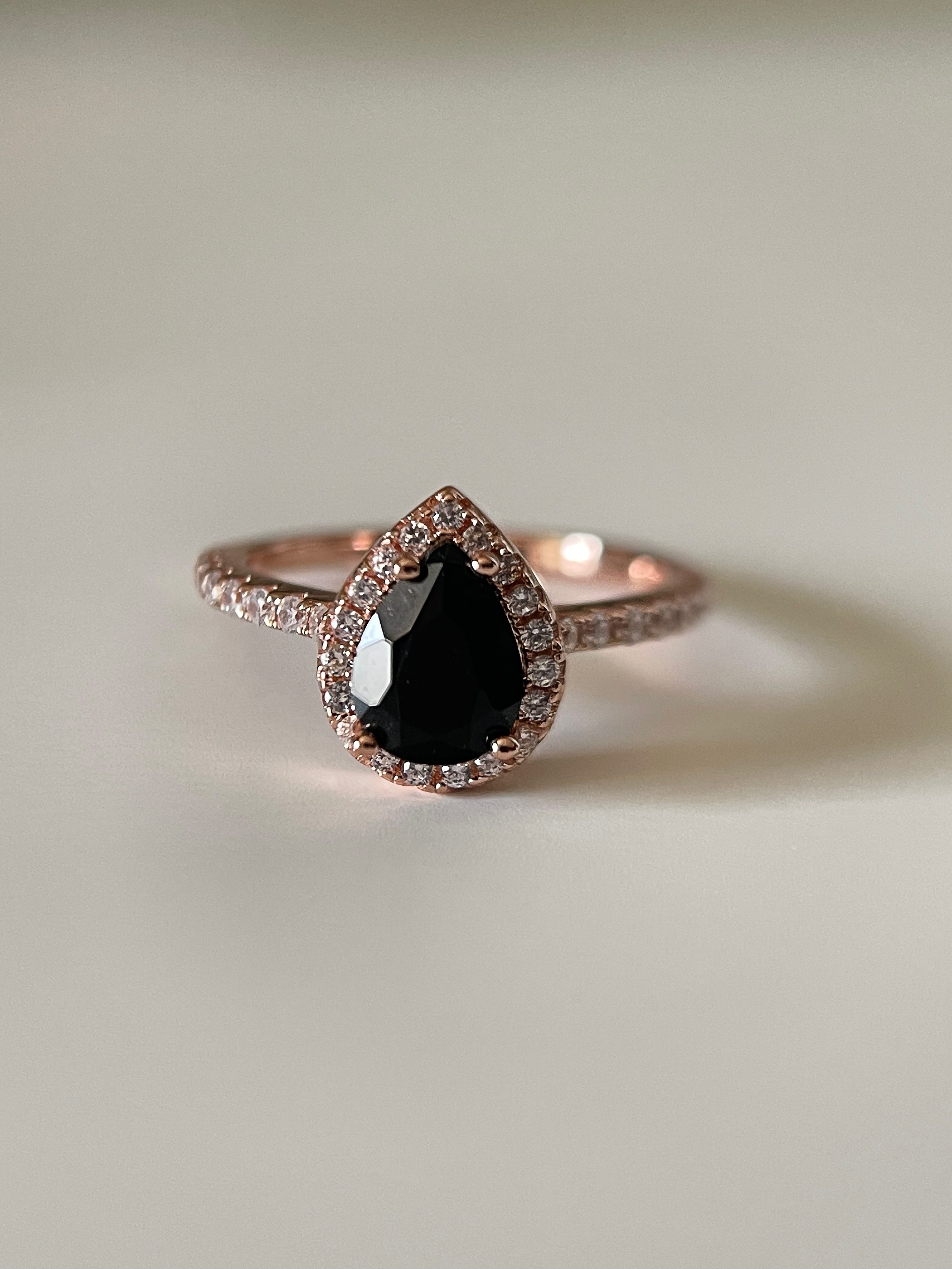 【Ebon Vortex】Handmade Natural Black Onyx Engagement Ring 0.8ct Pear Shape