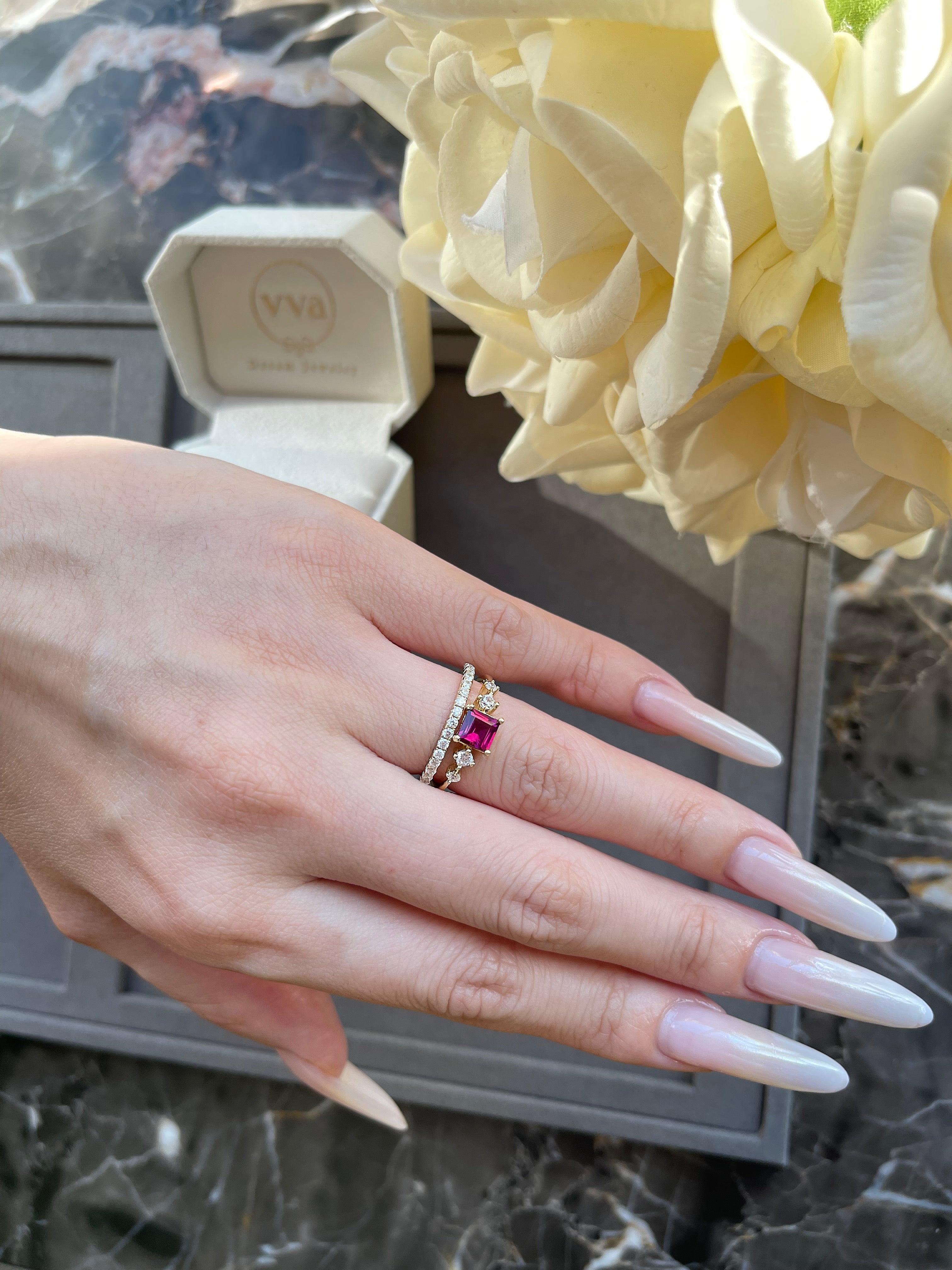 【Rosalind】Unique Handmade Natural Rhodolite Garnet Engagement Ring 0.75ct Princess Shape