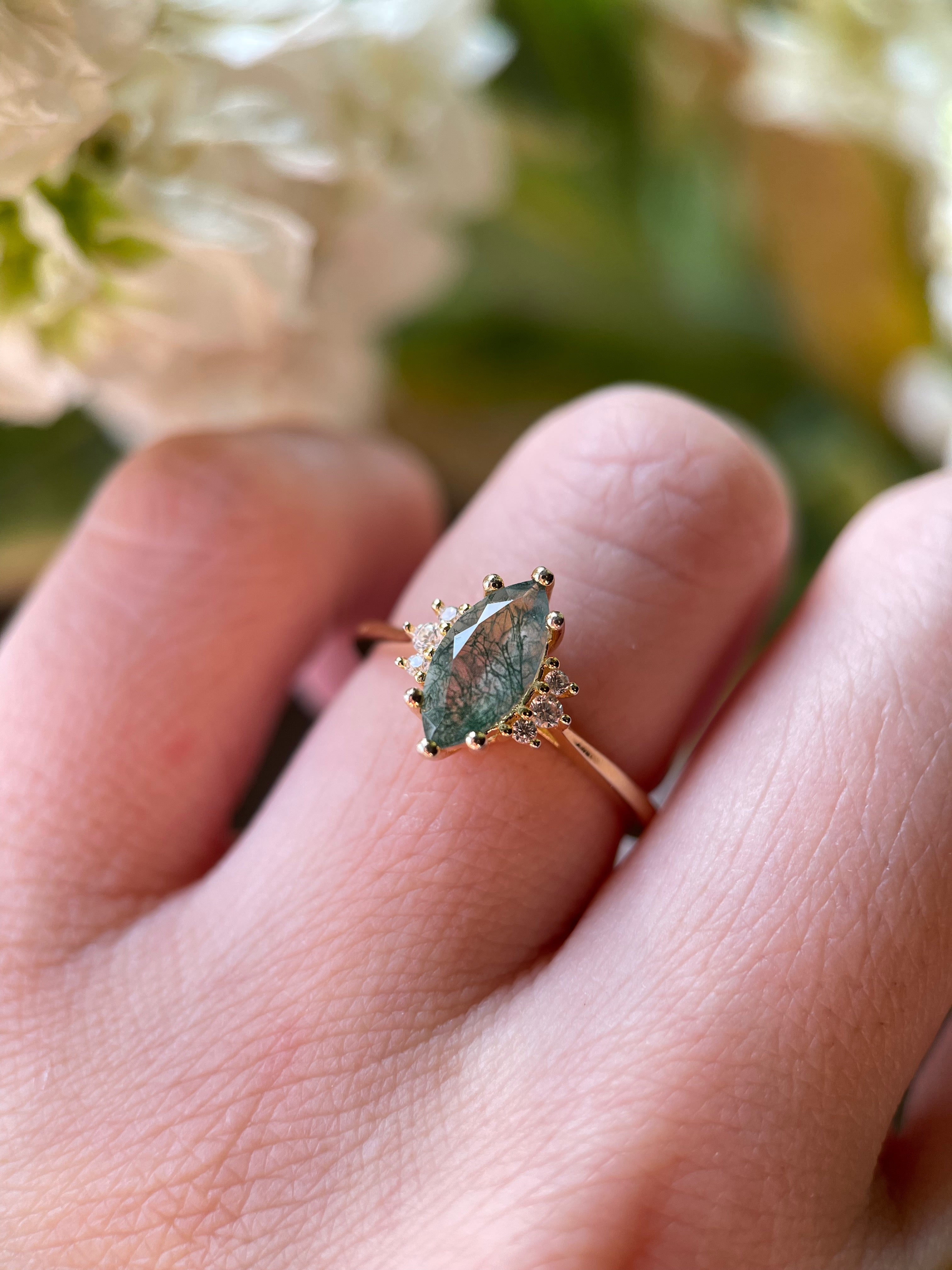 【CASSIOPEIA】Unique Handmade Natural Moss Agate Engagement Ring Marquise Cut 1ct