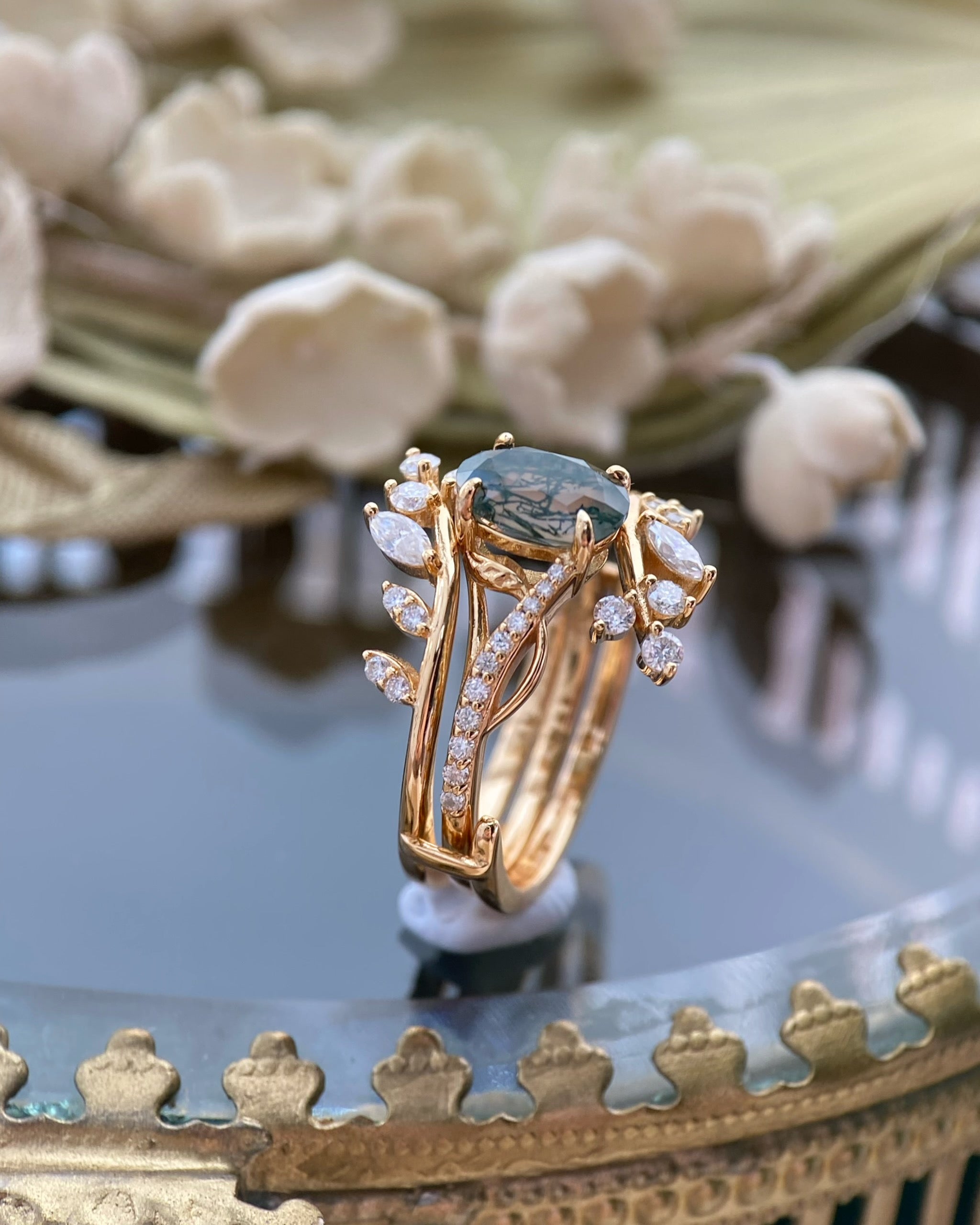 Antheia | Handmade Leafn& Vine Moss Agate Engagement Ring Set Vintage Nature Inspired