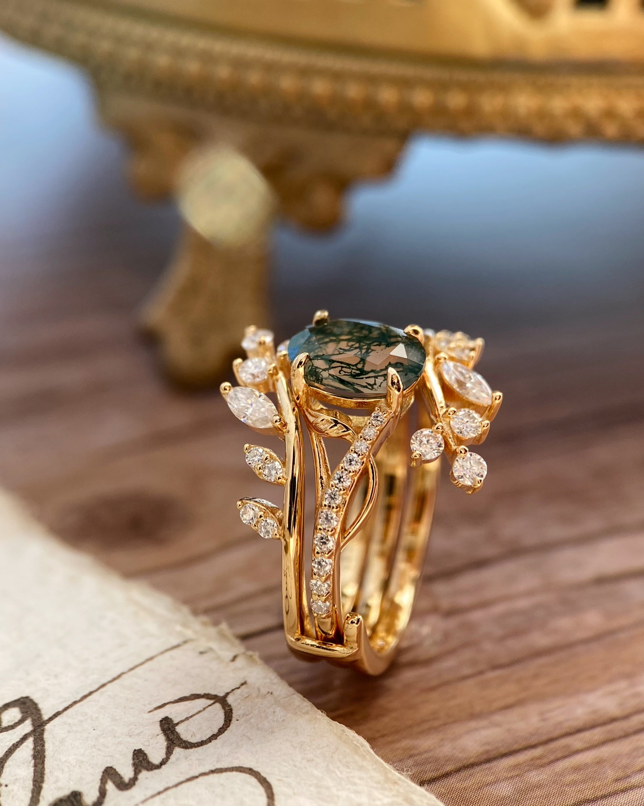 Antheia | Handmade Leafn& Vine Moss Agate Engagement Ring Set Vintage Nature Inspired