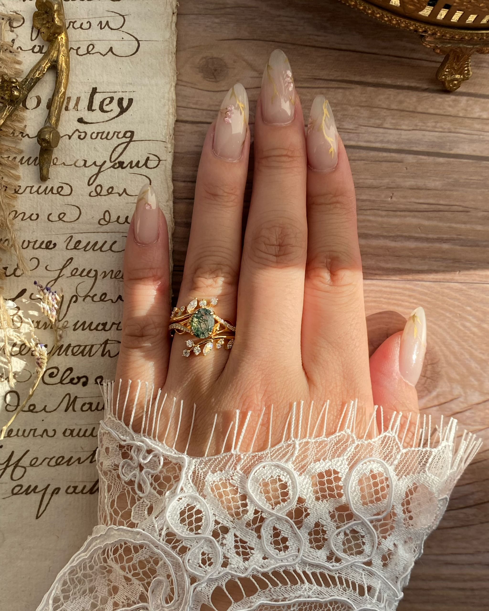 Antheia | Handmade Leafn& Vine Moss Agate Engagement Ring Set Vintage Nature Inspired