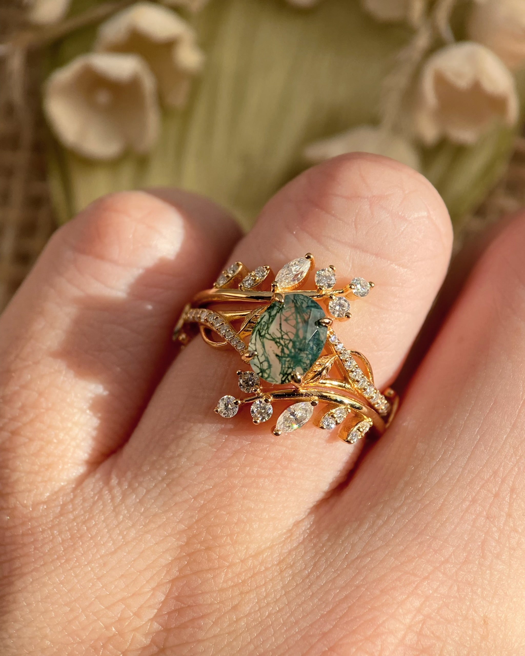 Antheia | Handmade Leafn& Vine Moss Agate Engagement Ring Set Vintage Nature Inspired