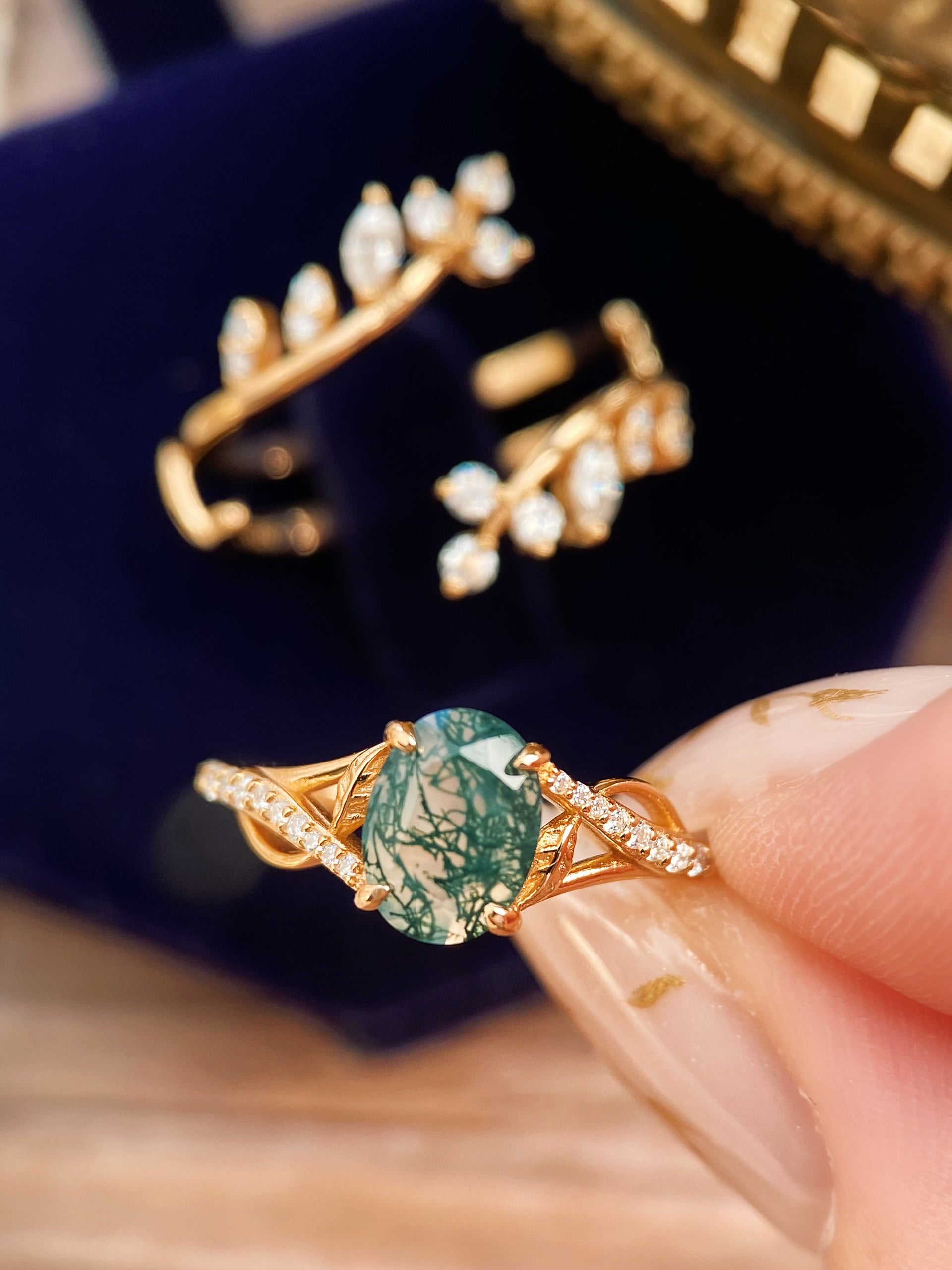 Antheia | Handmade Leafn& Vine Moss Agate Engagement Ring Set Vintage Nature Inspired