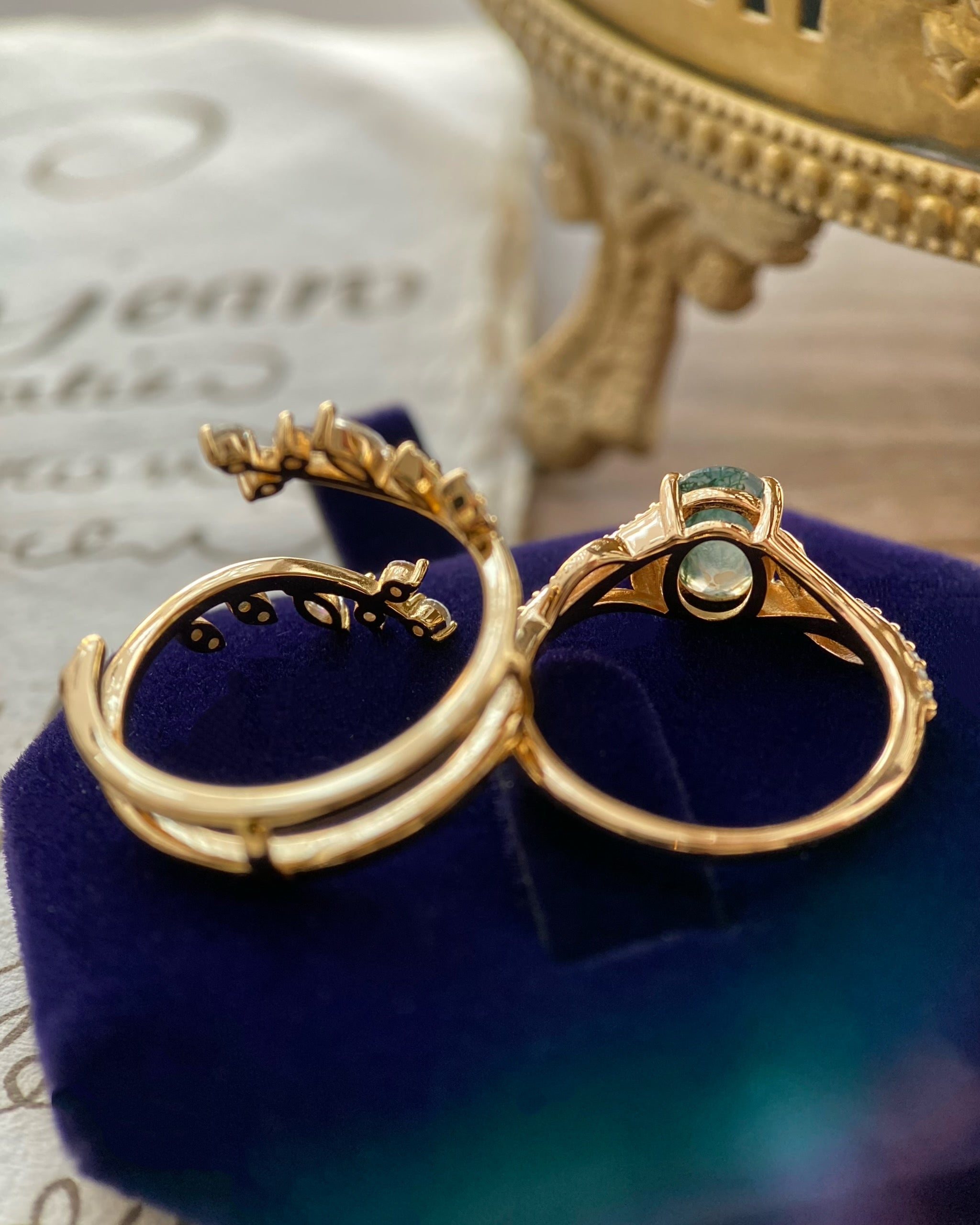 Antheia | Handmade Leafn& Vine Moss Agate Engagement Ring Set Vintage Nature Inspired
