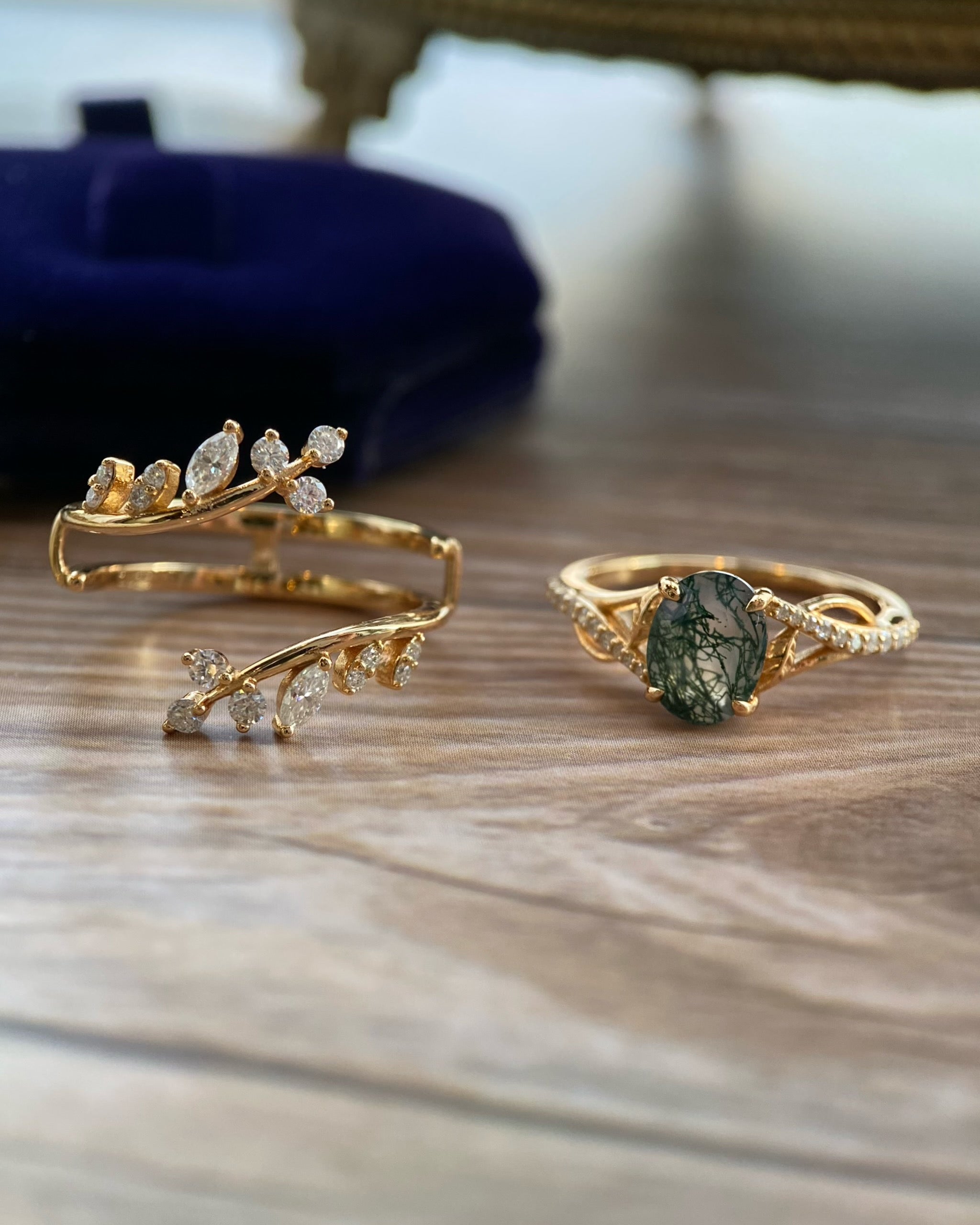 Antheia | Handmade Leafn& Vine Moss Agate Engagement Ring Set Vintage Nature Inspired