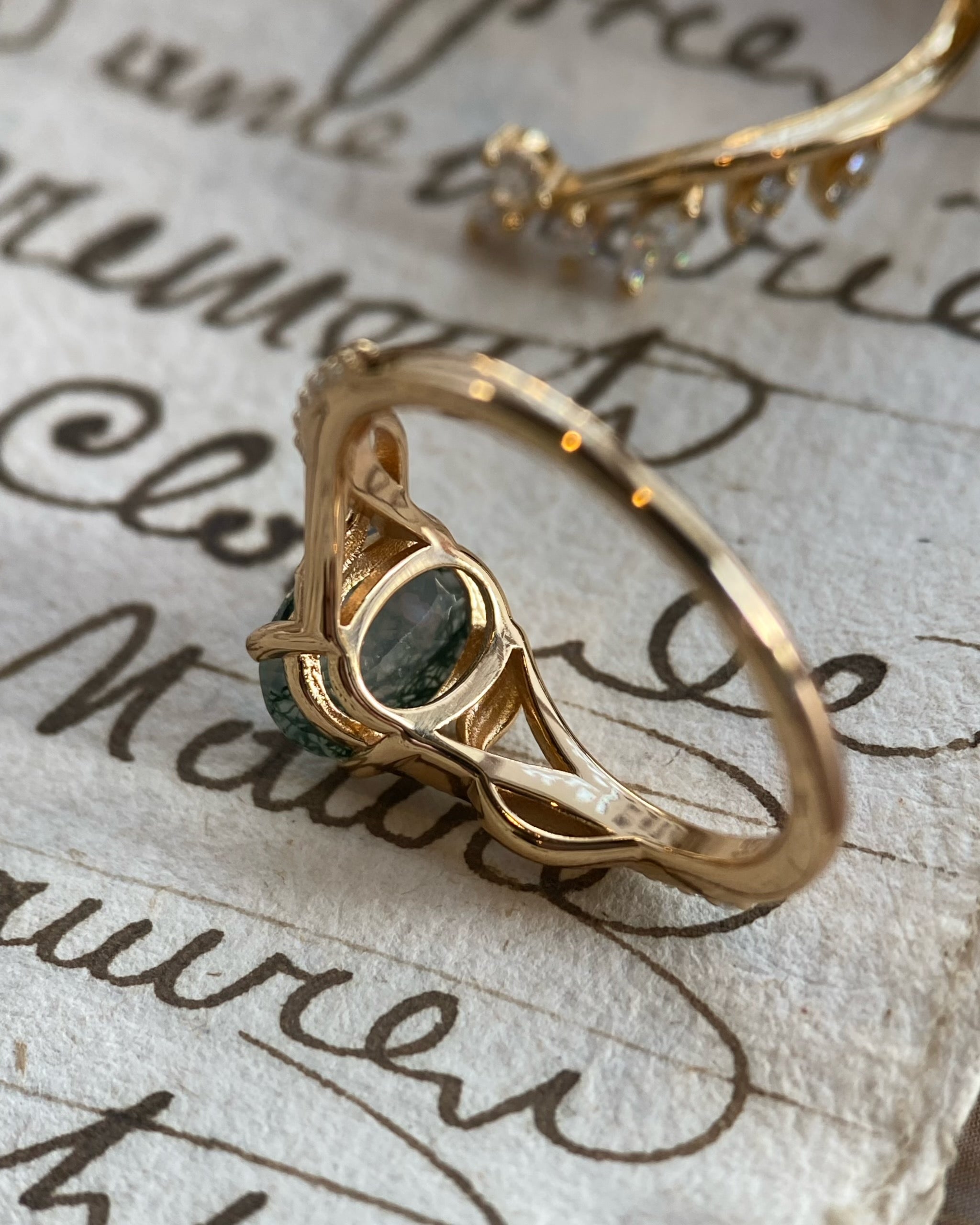 Antheia | Handmade Leafn& Vine Moss Agate Engagement Ring Set Vintage Nature Inspired
