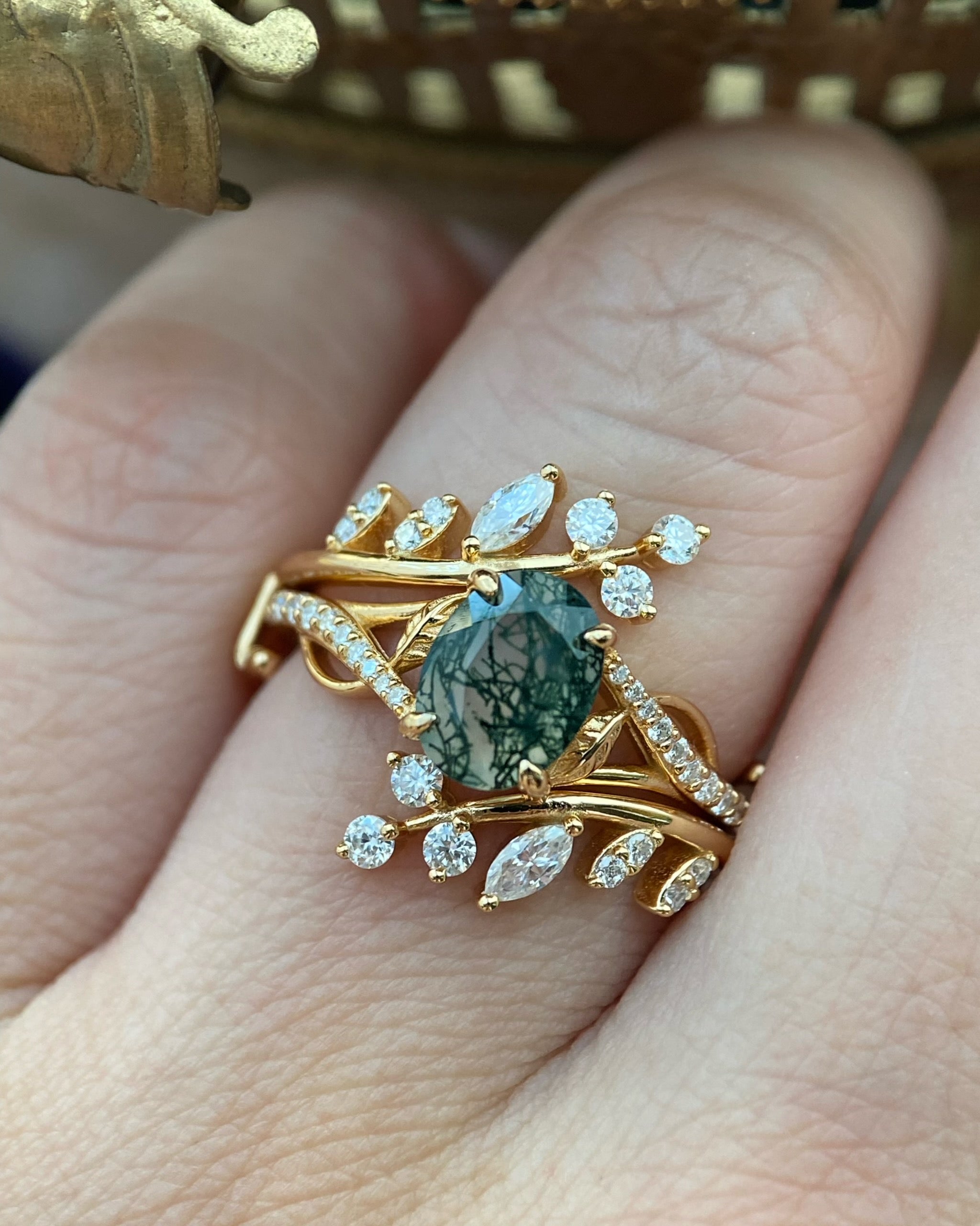 Antheia | Handmade Leafn& Vine Moss Agate Engagement Ring Set Vintage Nature Inspired