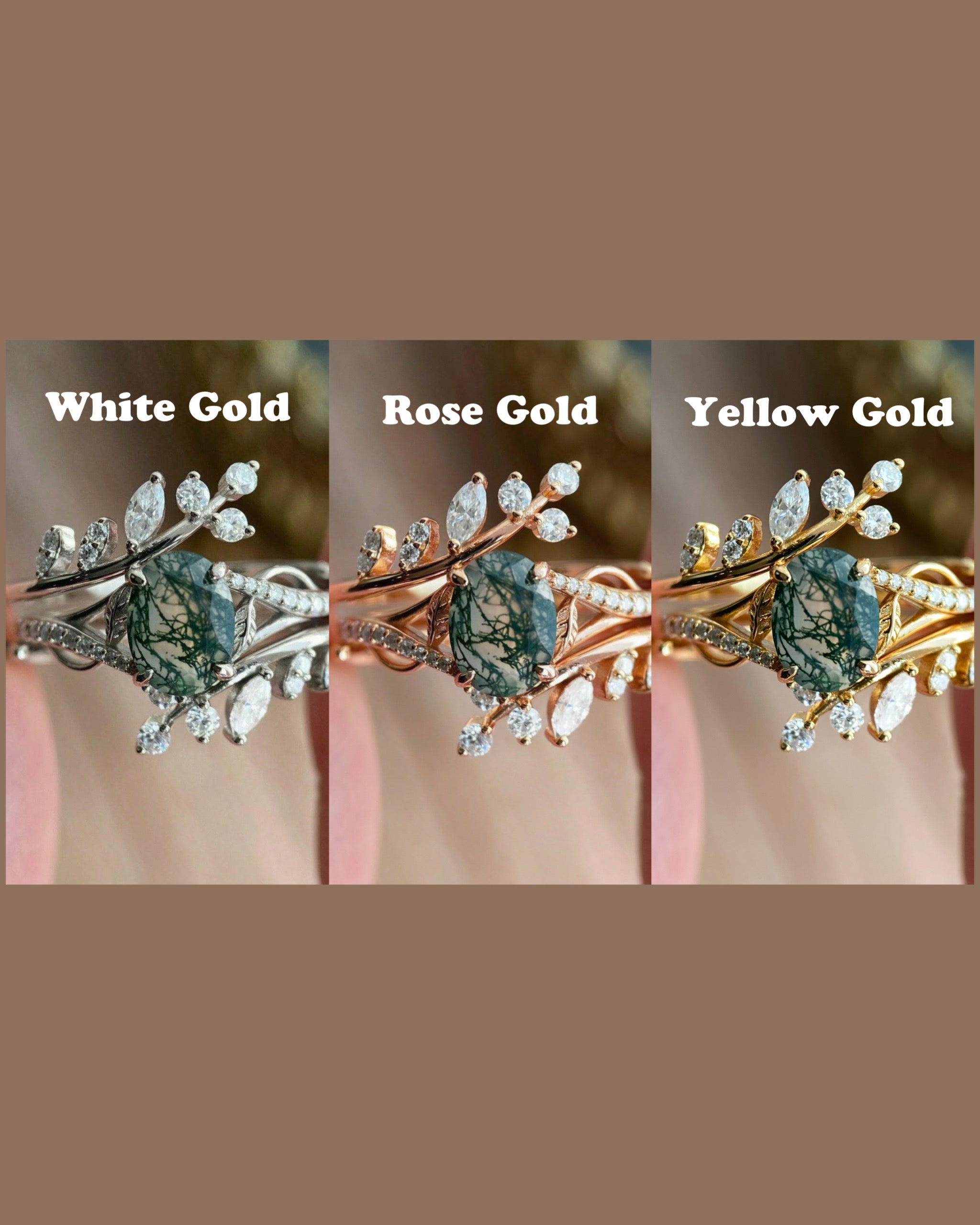 Antheia | Handmade Leafn& Vine Moss Agate Engagement Ring Set Vintage Nature Inspired