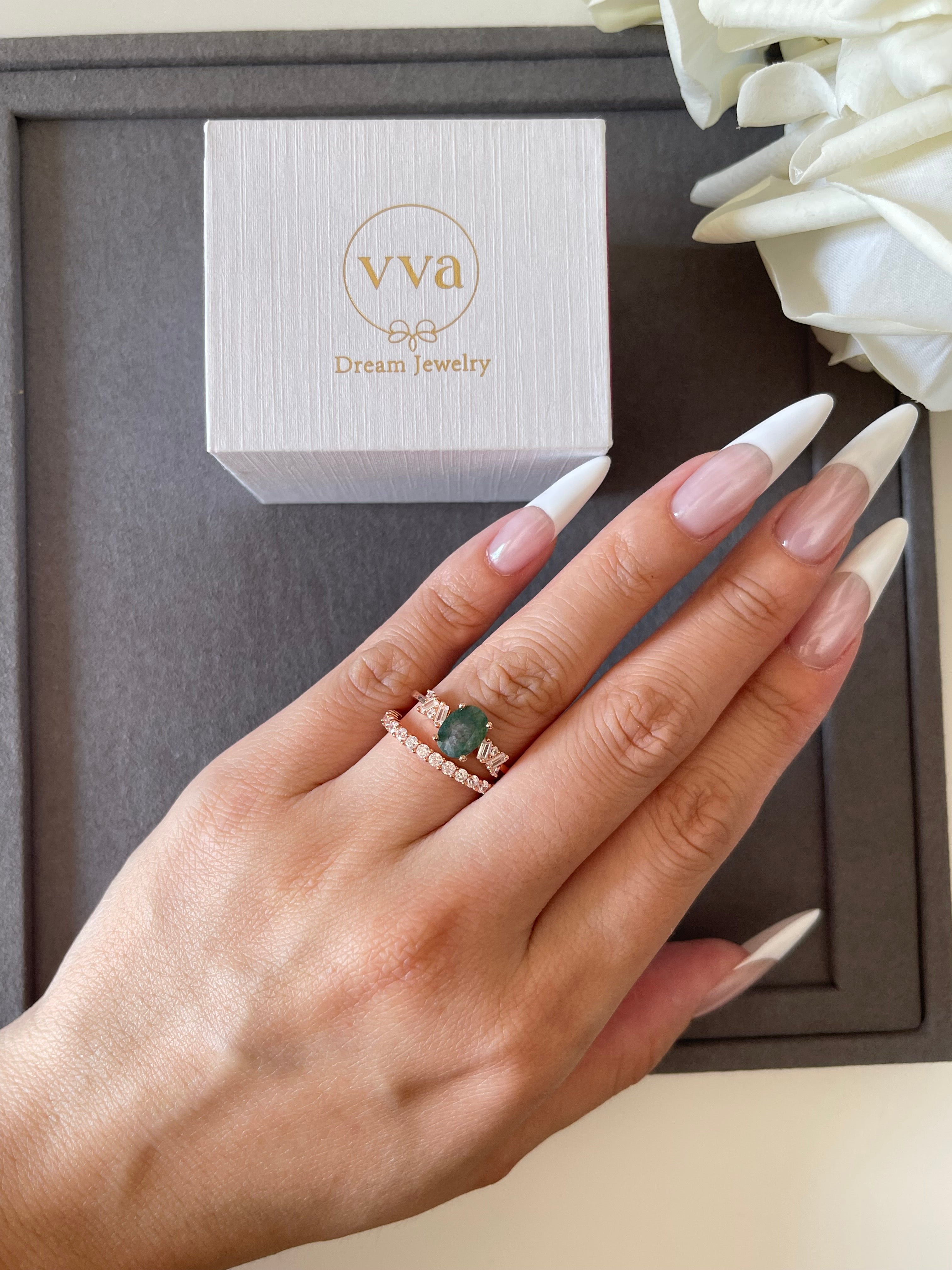 【Sylvan Whisper】Unique Handmade Natural Moss Agate Engagement Ring 1.5ct Oval Shape