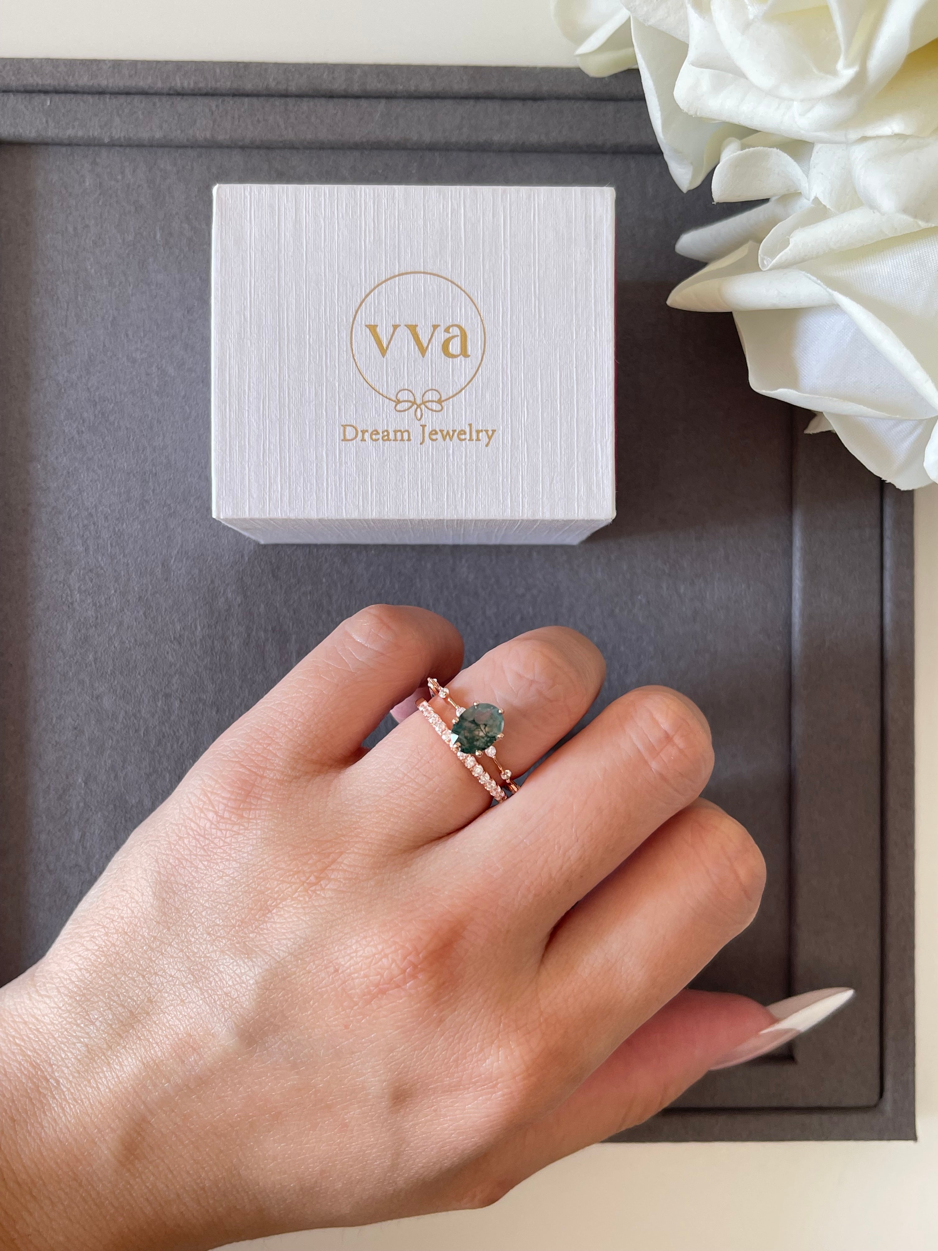 【Rootkeeper】Unique Handmade Natural Moss Agate Engagement Ring  1.5ct Oval Shape