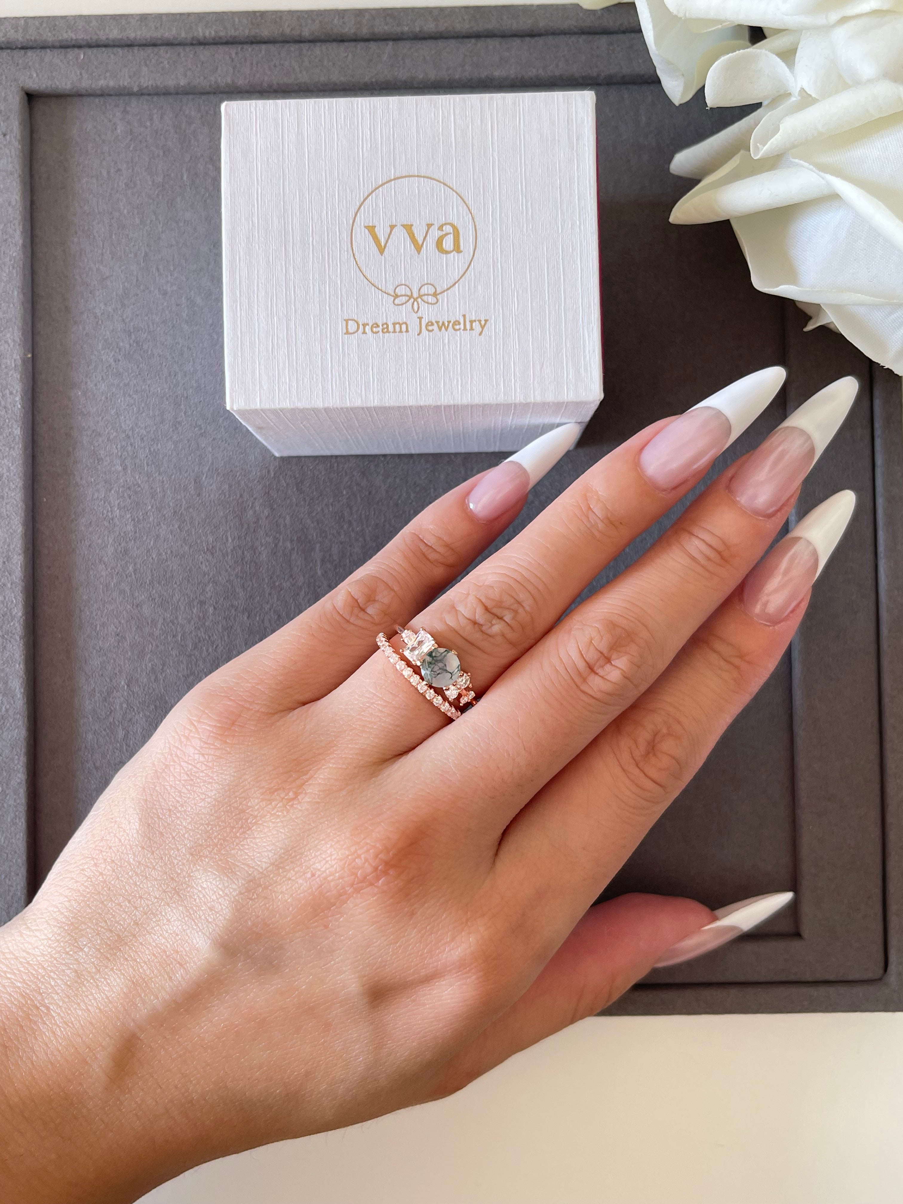 【Veridia Cascade】Unique Handmade Natural Moss Agate Engagement Ring 0.8ct Round Shape