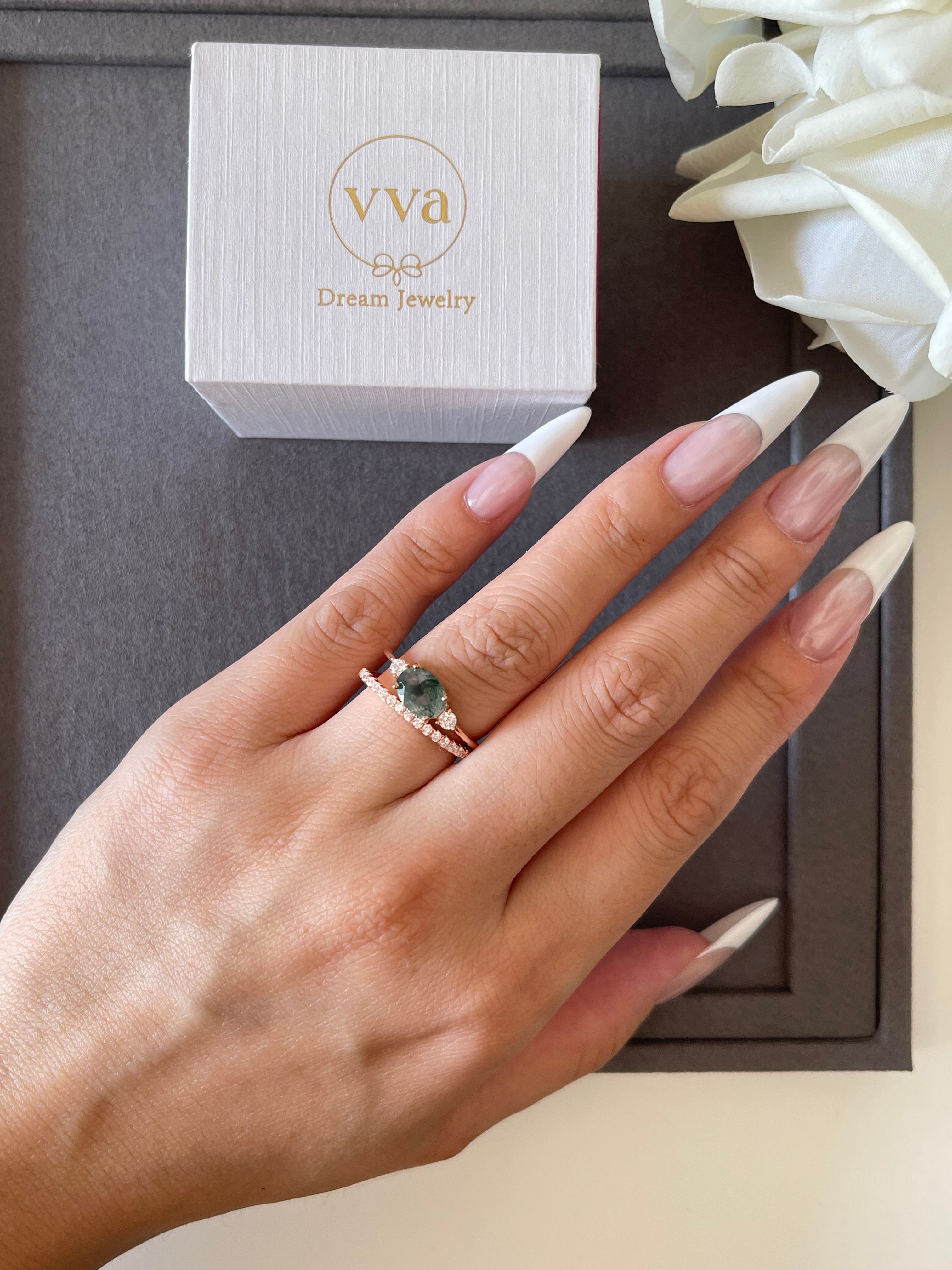 【Ethereal Veil】Unique Handmade Natural Moss Agate Engagement Ring 1.5ct Oval Shape