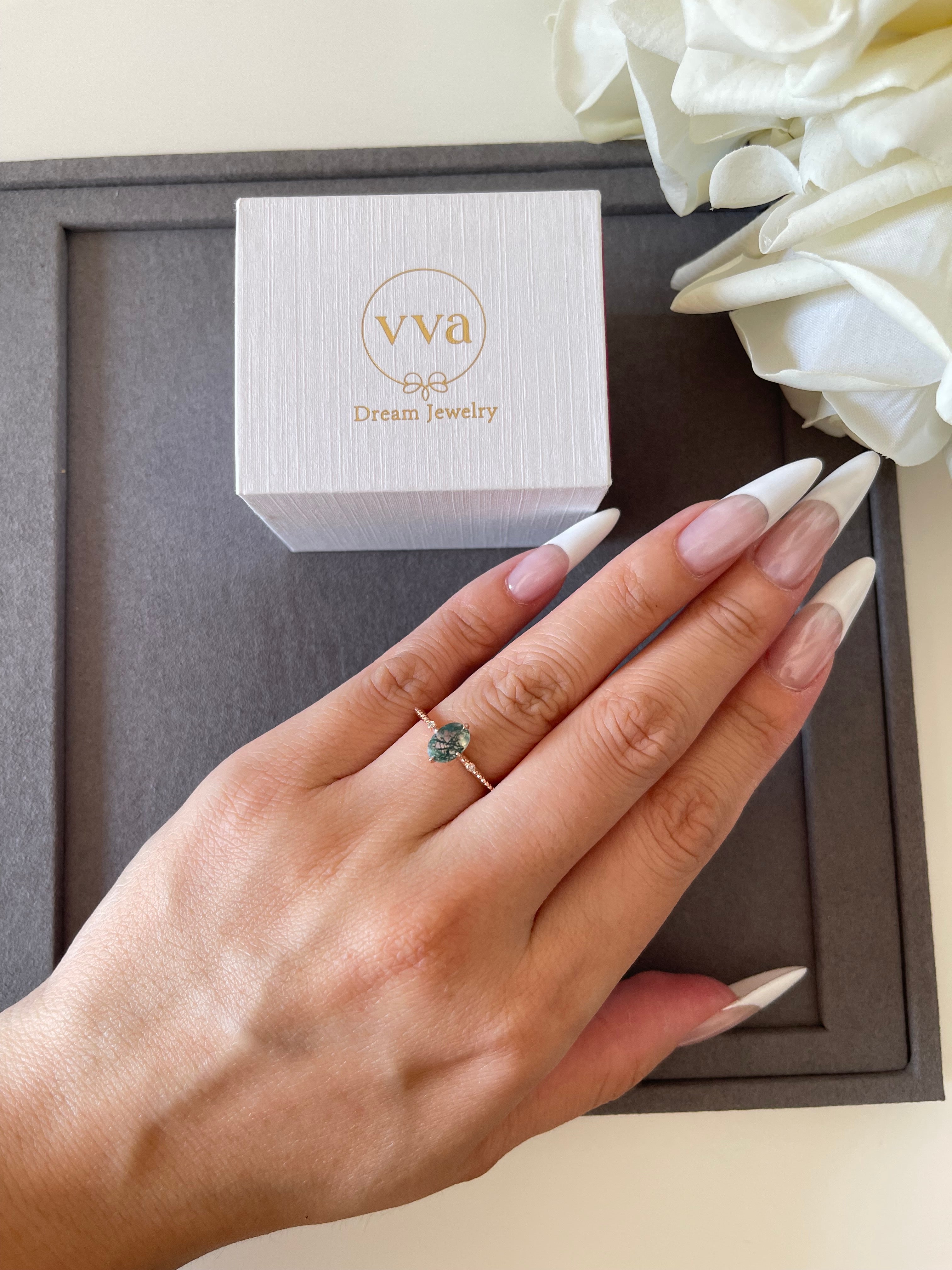 【Veridian set】Unique Handmade Natural Moss Agate Engagement Ring Set 2pcs 3ct Oval Shape