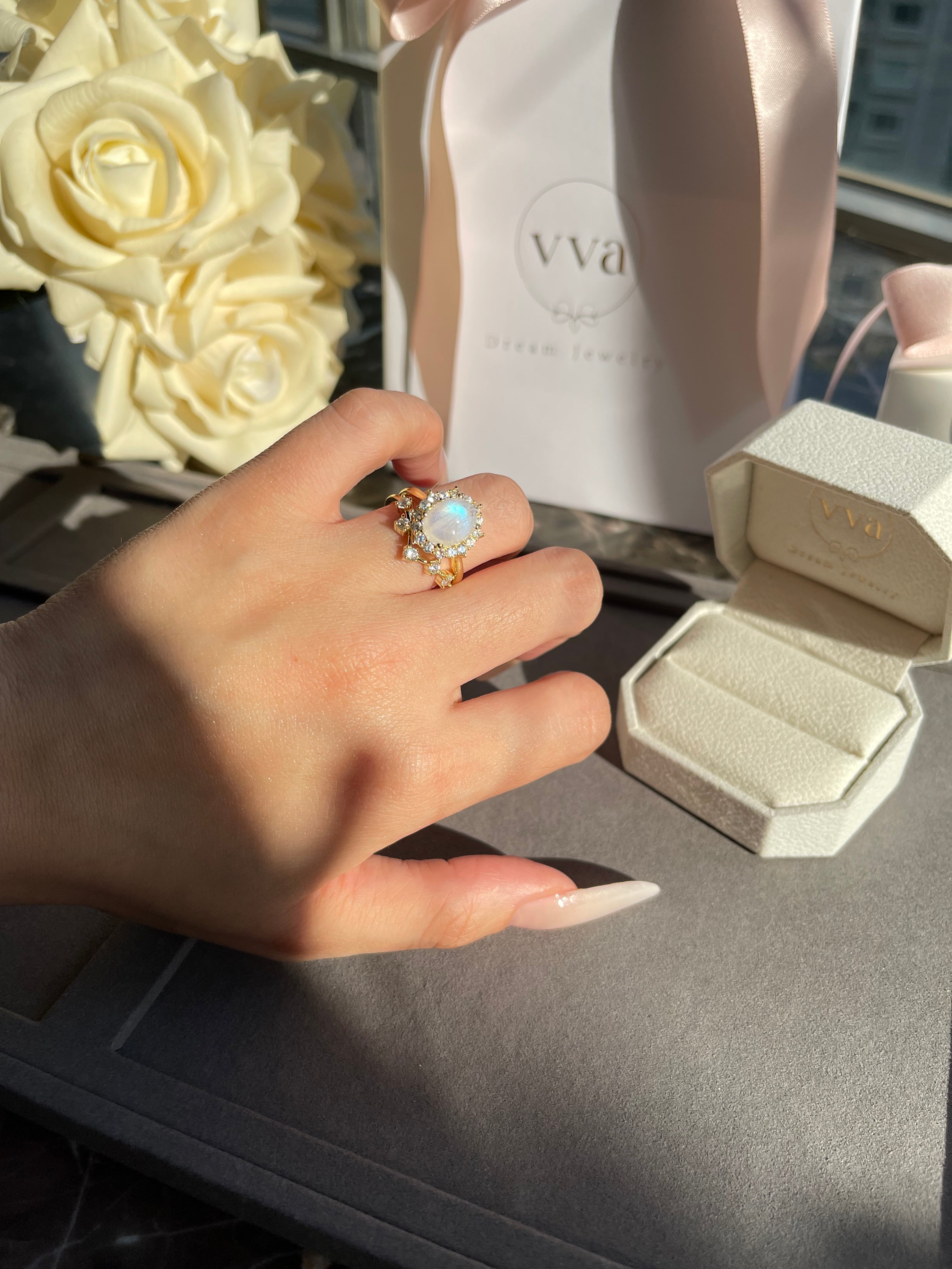 【SELENE SET】Unique Handmade Natural Blue Moonstone Engagement Ring Set 2pcs Oval Shape 3ct