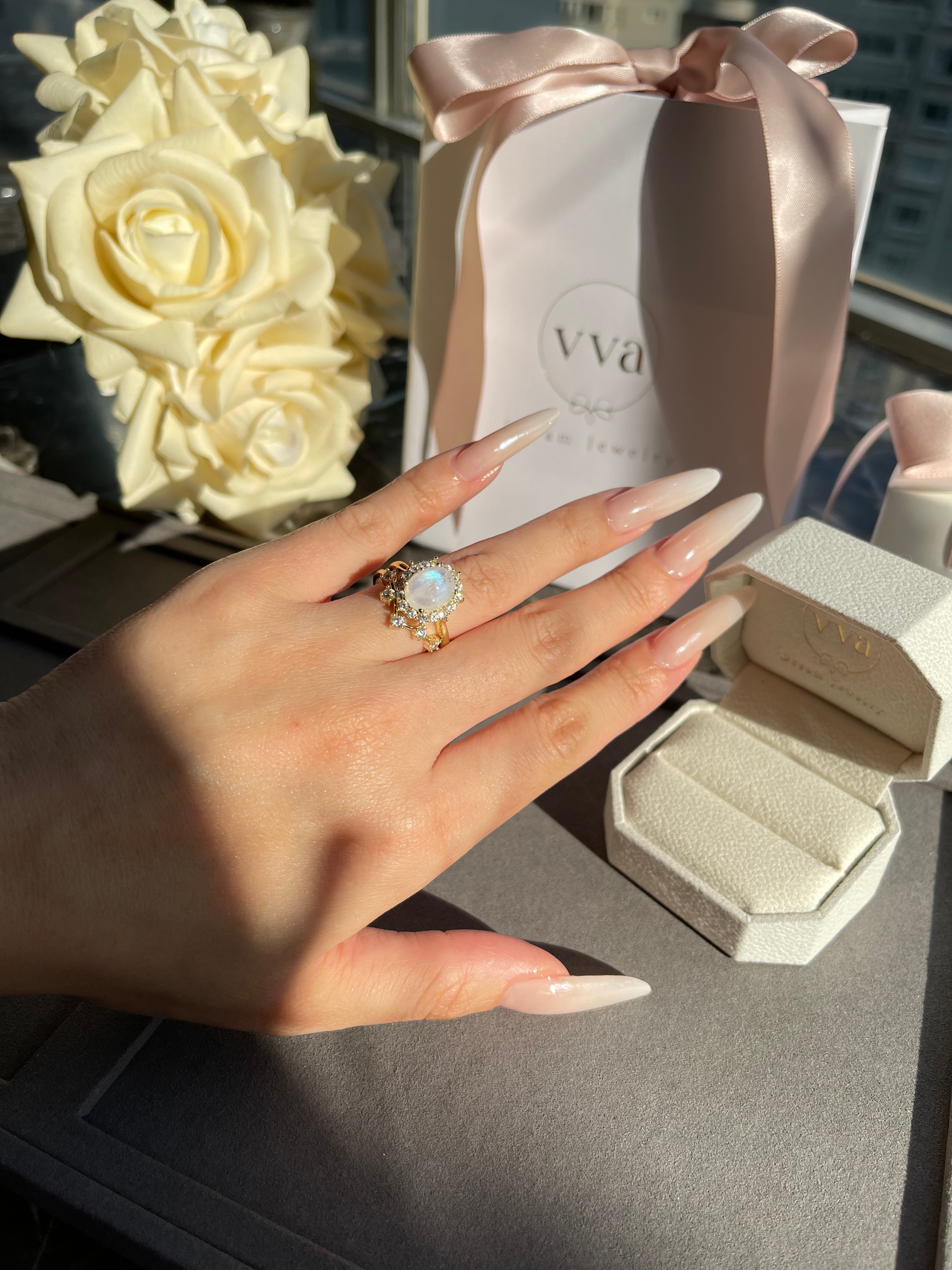 【SELENE SET】Unique Handmade Natural Blue Moonstone Engagement Ring Set 2pcs Oval Shape 3ct