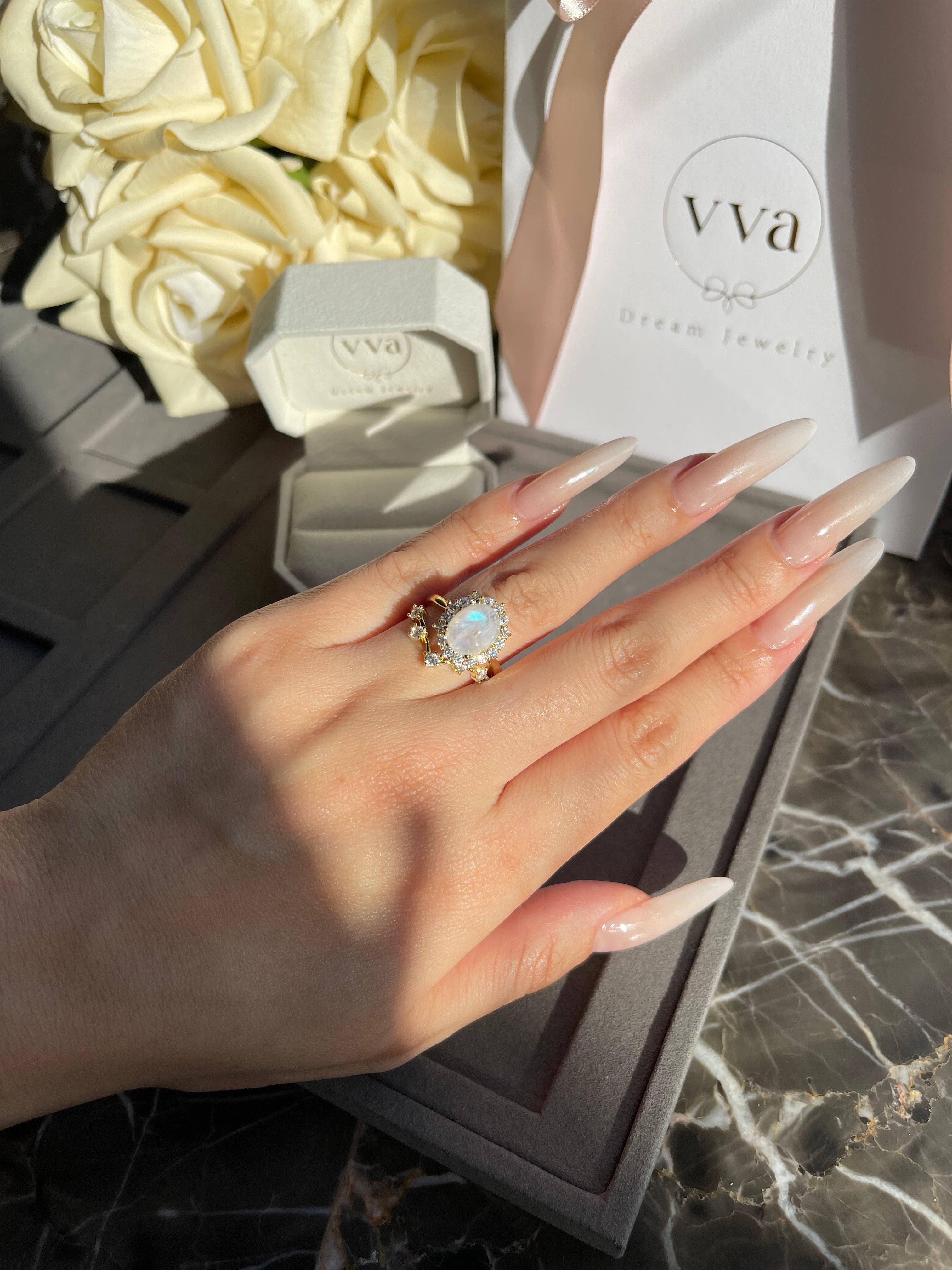 【SELENE SET】Unique Handmade Natural Blue Moonstone Engagement Ring Set 2pcs Oval Shape 3ct