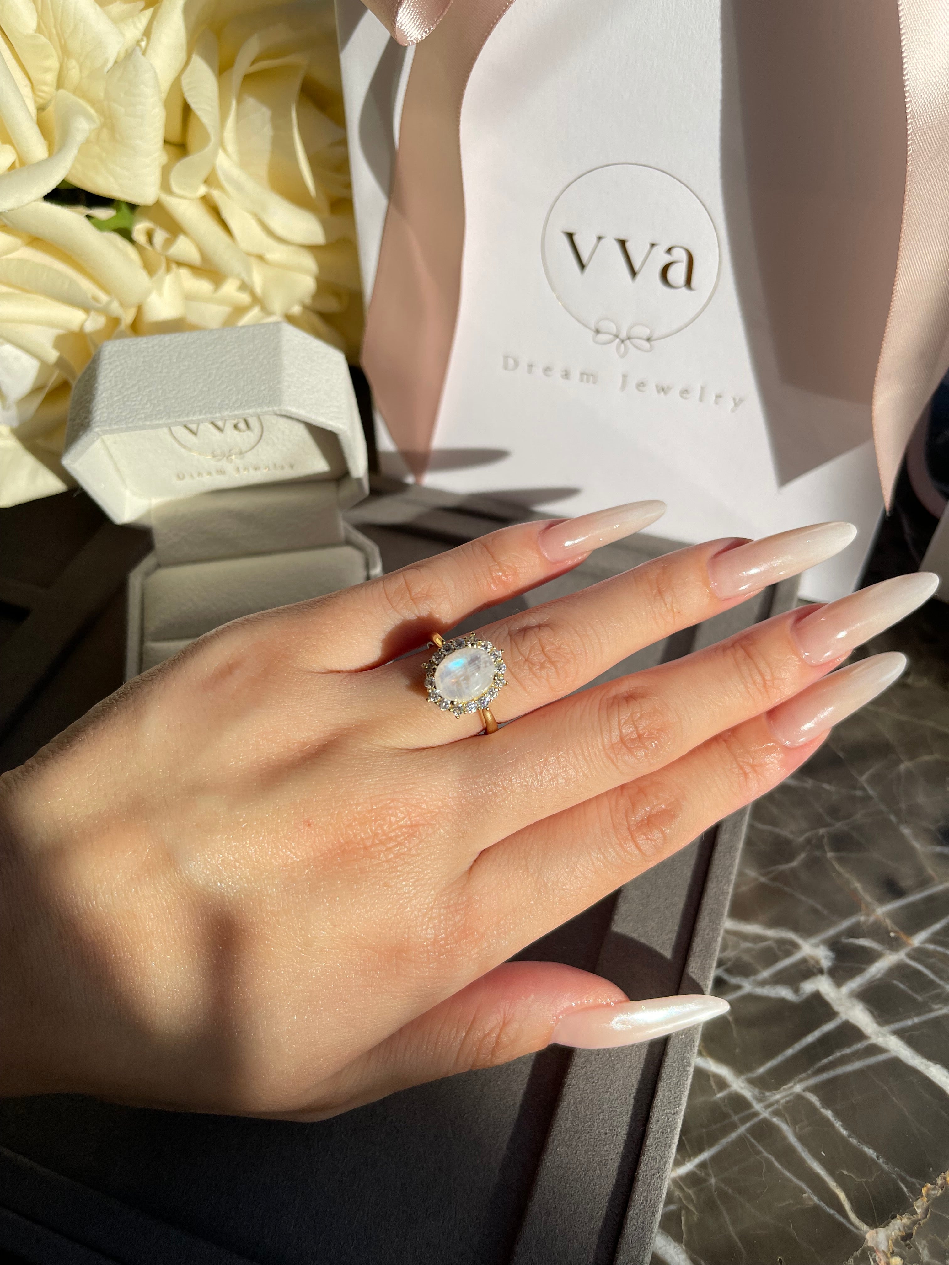 【SELENE SET】Unique Handmade Natural Blue Moonstone Engagement Ring Set 2pcs Oval Shape 3ct