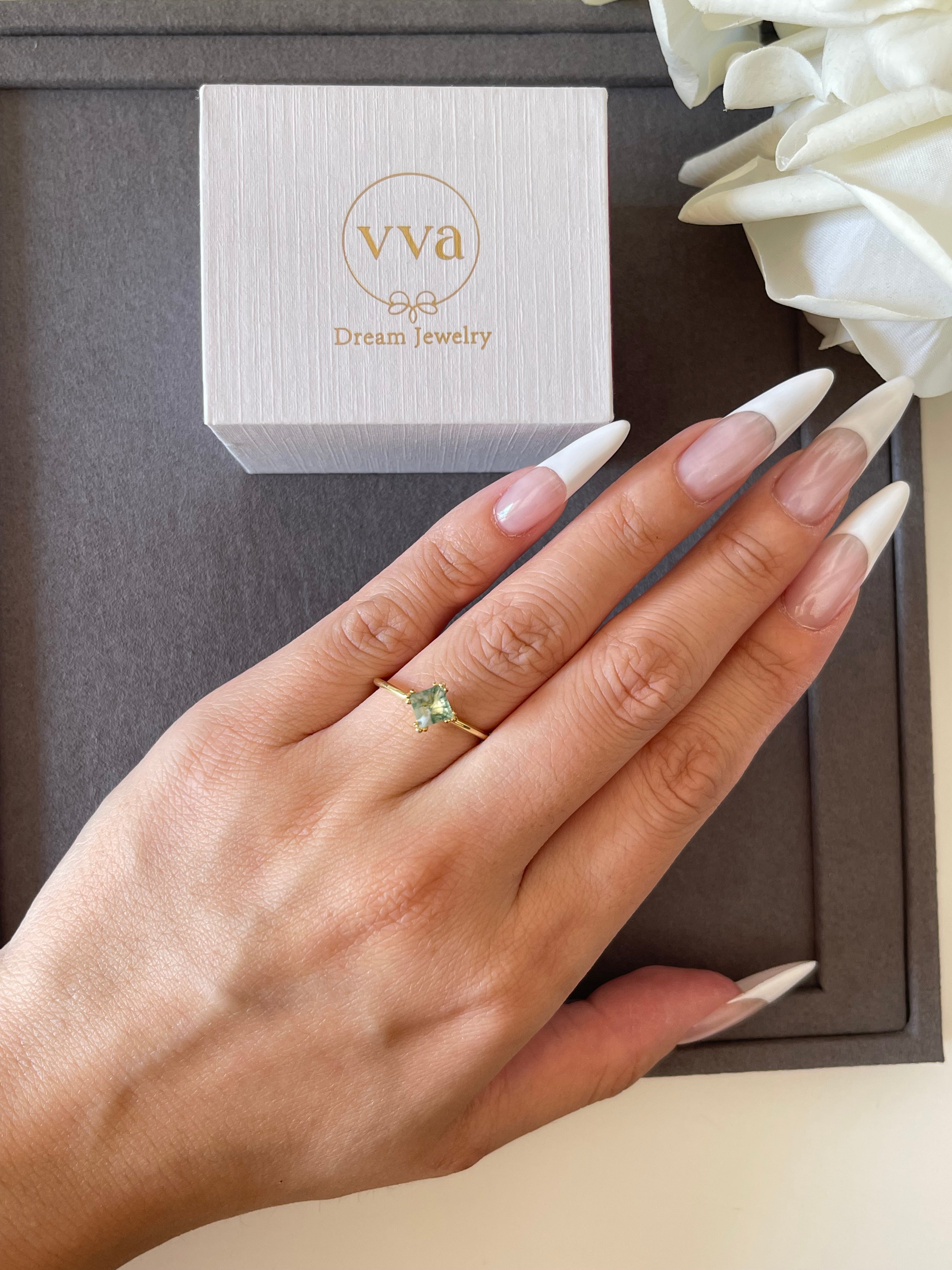 【Sylvan Majesty Set】Unique Handmade Natural Moss Agate Engagement Ring Set 2pcs 0.75ct Princess Shape