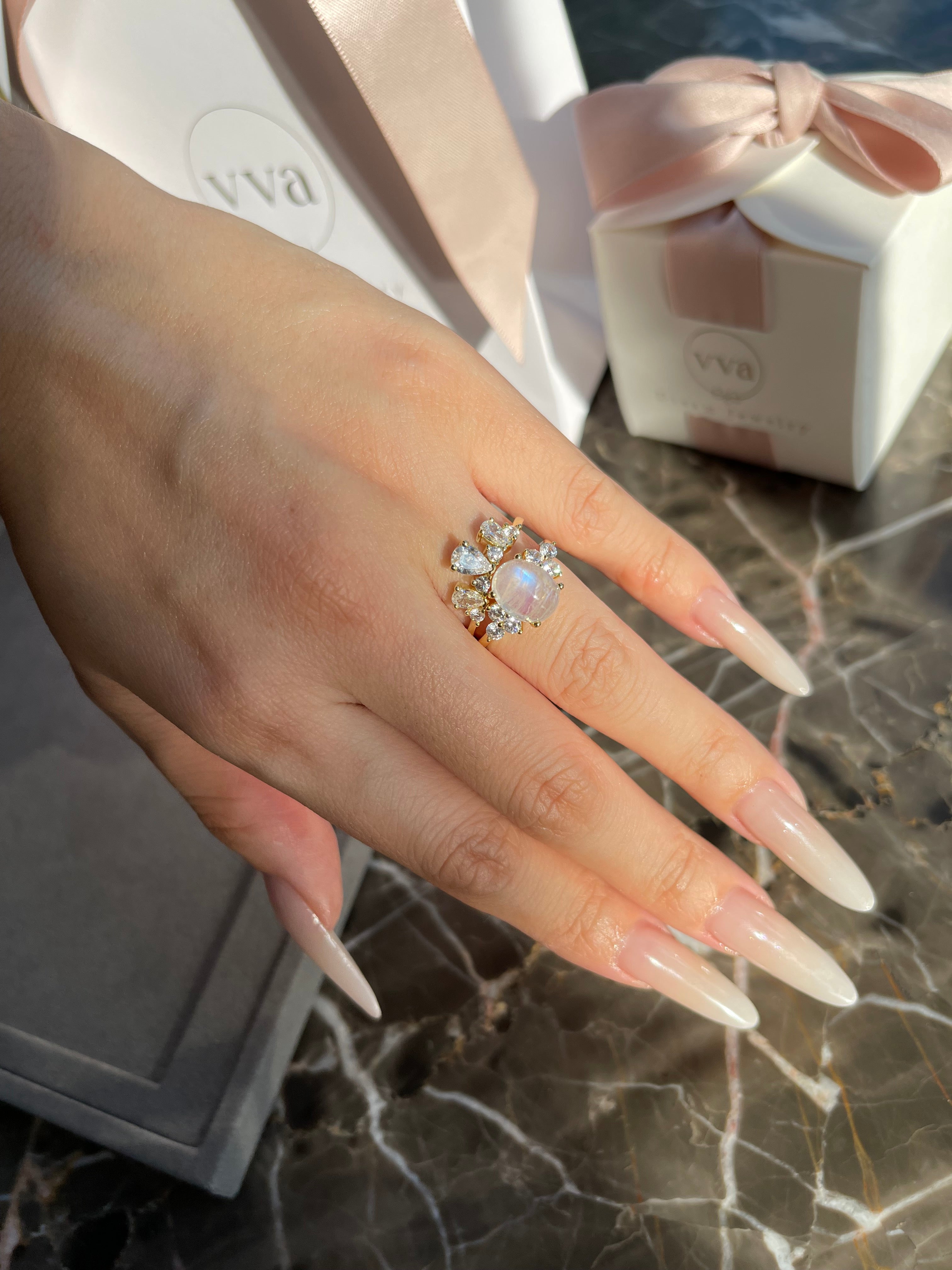 【DIANA SET】Unique Handmade Natural Blue Moonstone Engagement Ring Set 2pcs 3ct Oval Shape