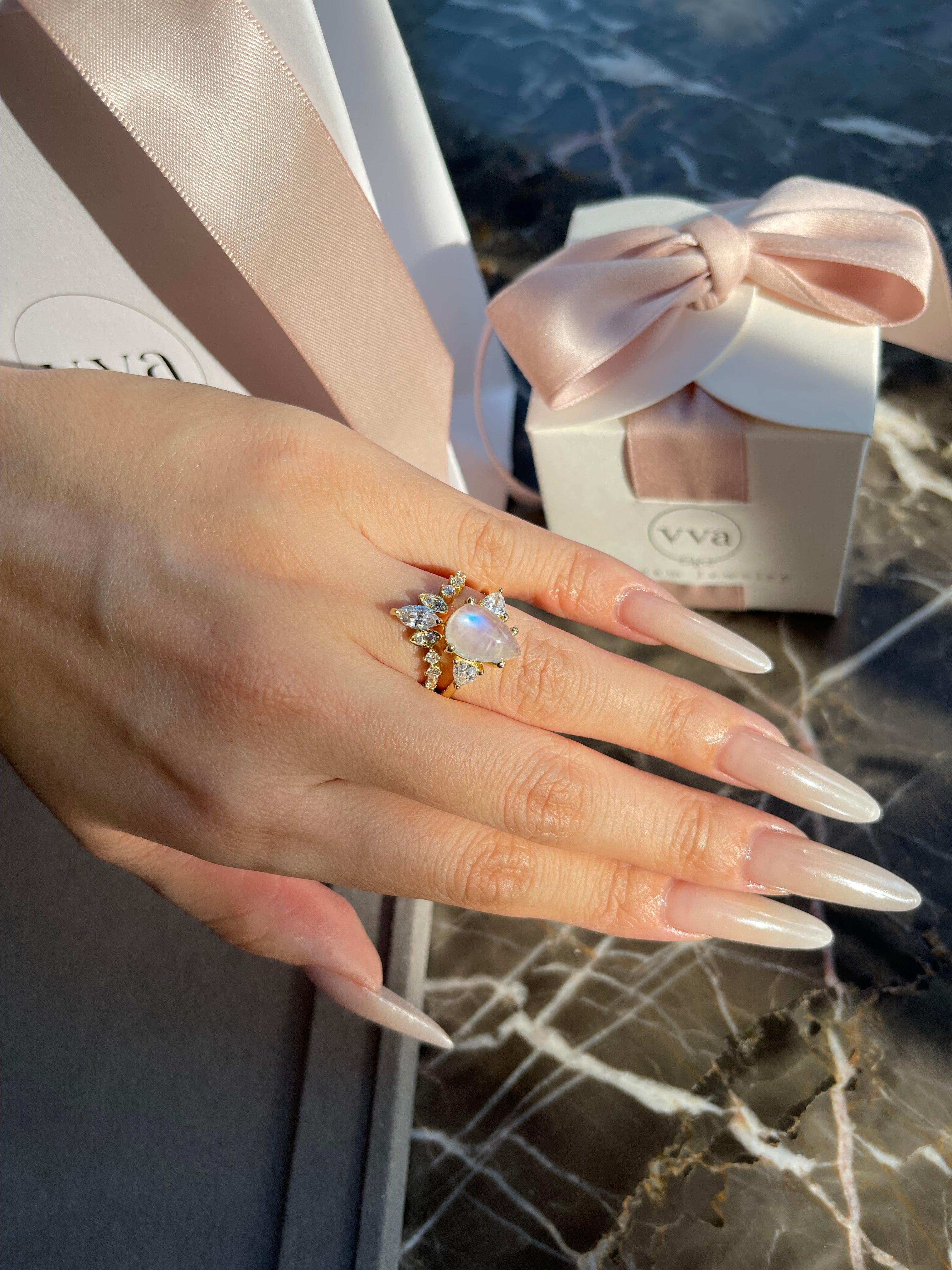 【SERAPHINA SET】Unique Handmade Natural Blue Moonstone Engagement Set 2pcs Pear Shape 3ct