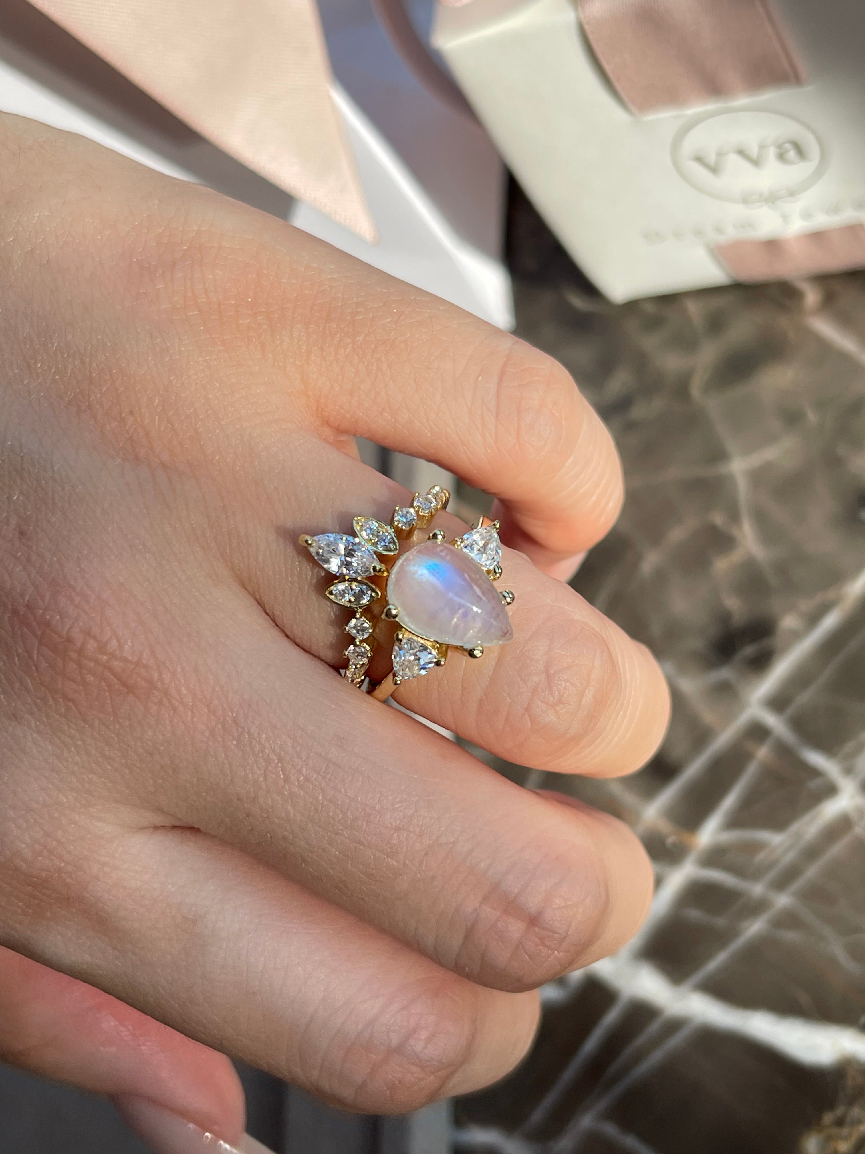 【SERAPHINA SET】Unique Handmade Natural Blue Moonstone Engagement Set 2pcs Pear Shape 3ct
