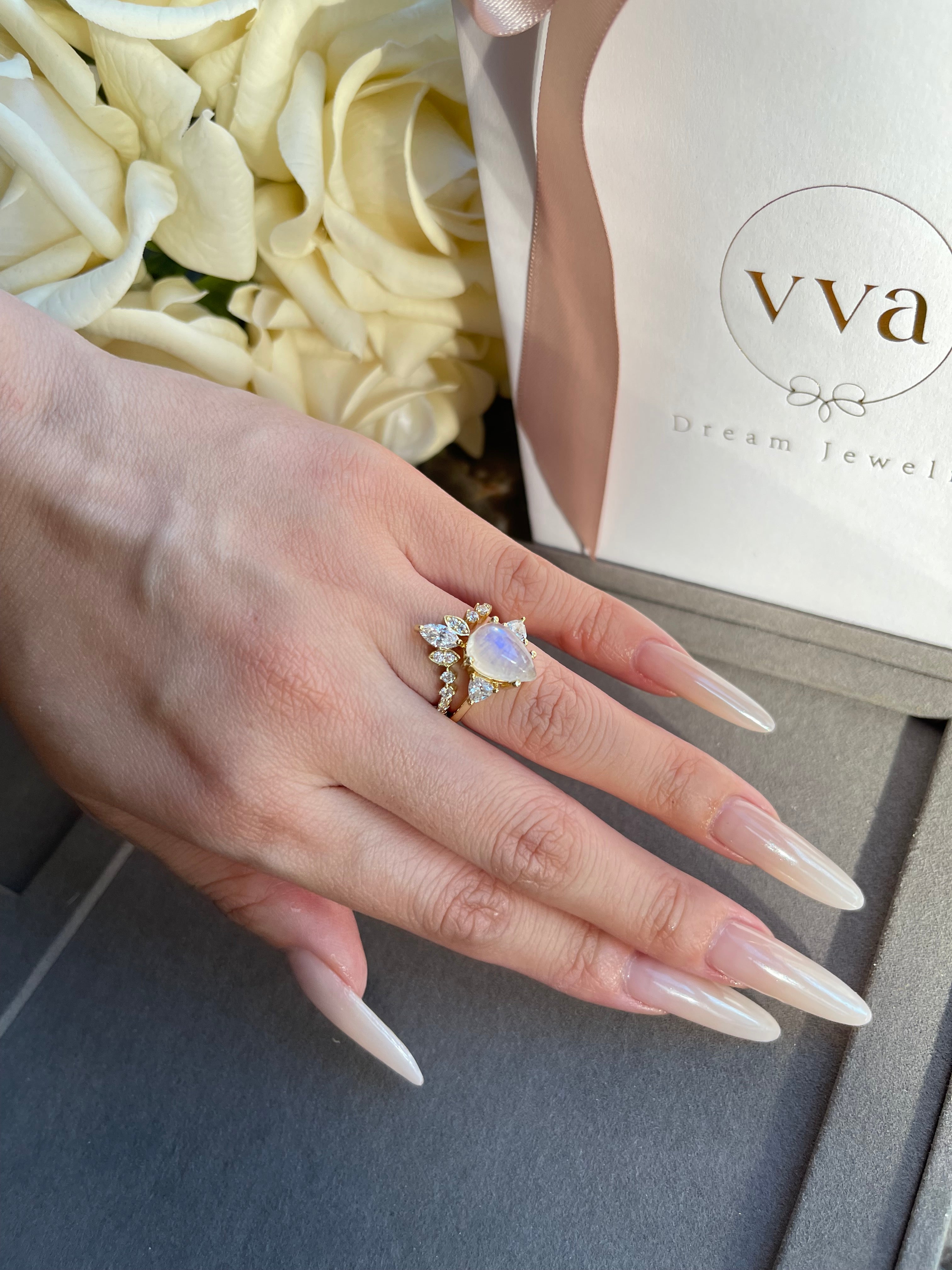 【SERAPHINA SET】Unique Handmade Natural Blue Moonstone Engagement Set 2pcs Pear Shape 3ct