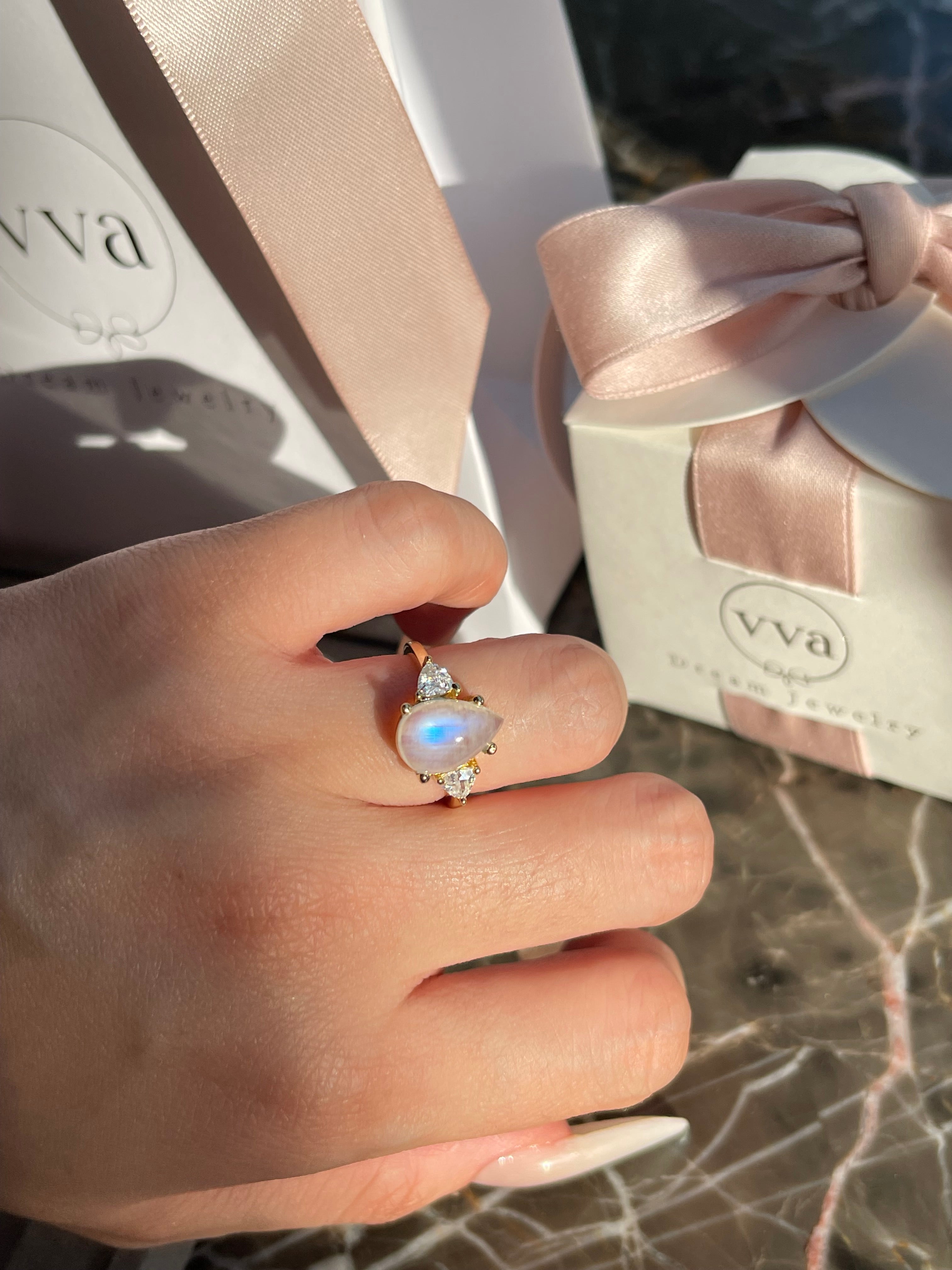 【SERAPHINA SET】Unique Handmade Natural Blue Moonstone Engagement Set 2pcs Pear Shape 3ct