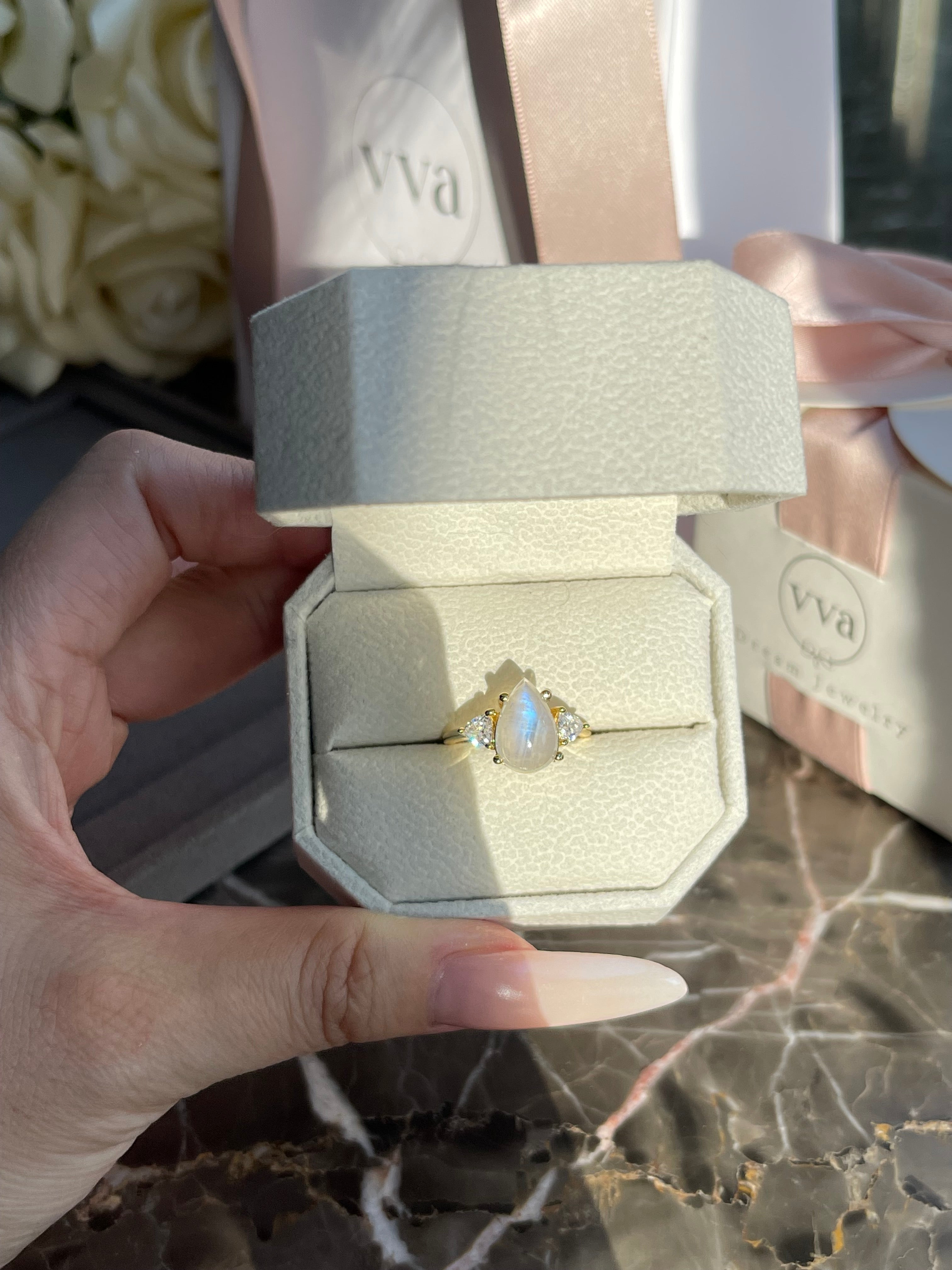 【SERAPHINA SET】Unique Handmade Natural Blue Moonstone Engagement Set 2pcs Pear Shape 3ct