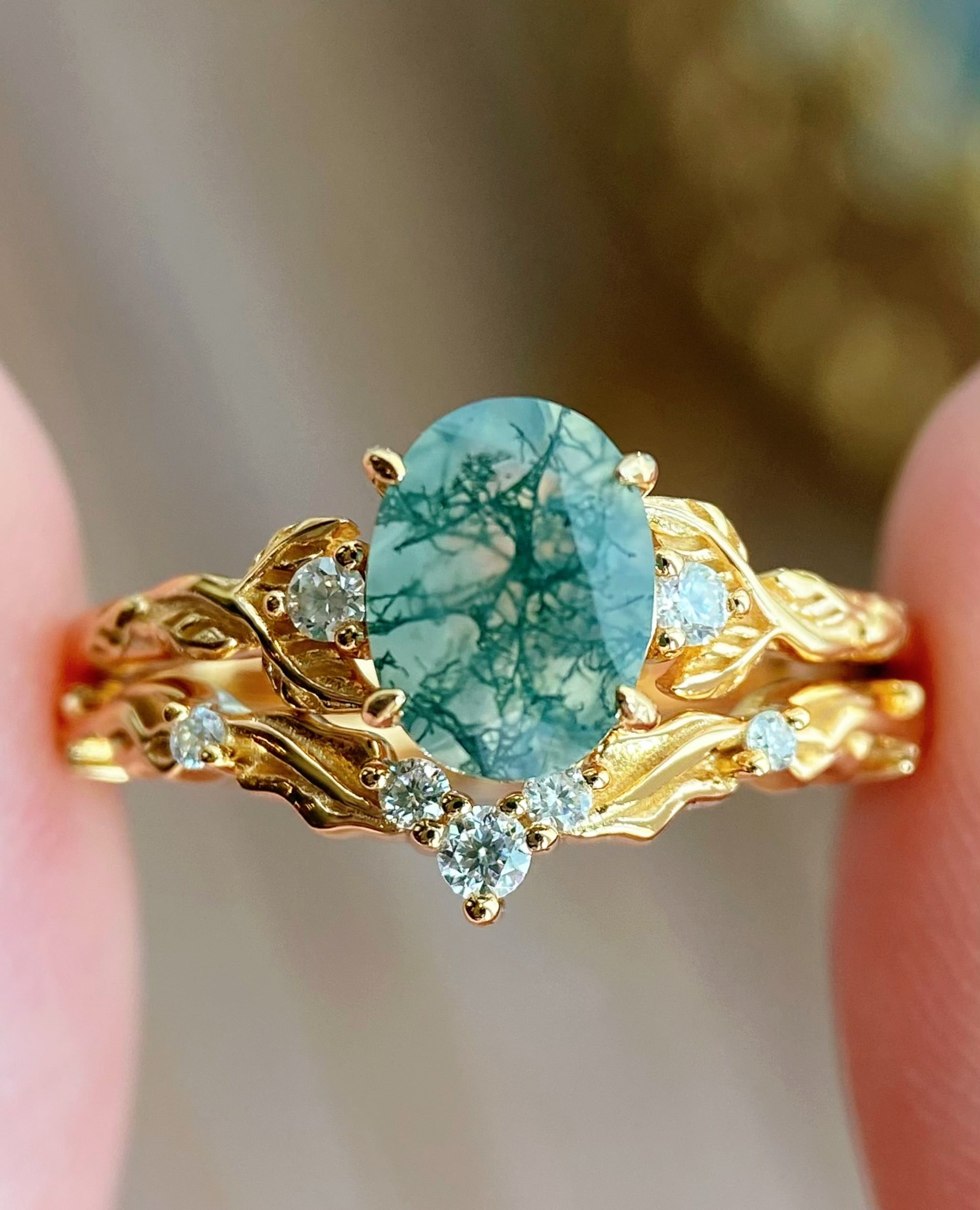 Silvanus | Unique Handmade Oval Moss Agate Engagement Ring Set Vintage Leaf Vine Bridal Band