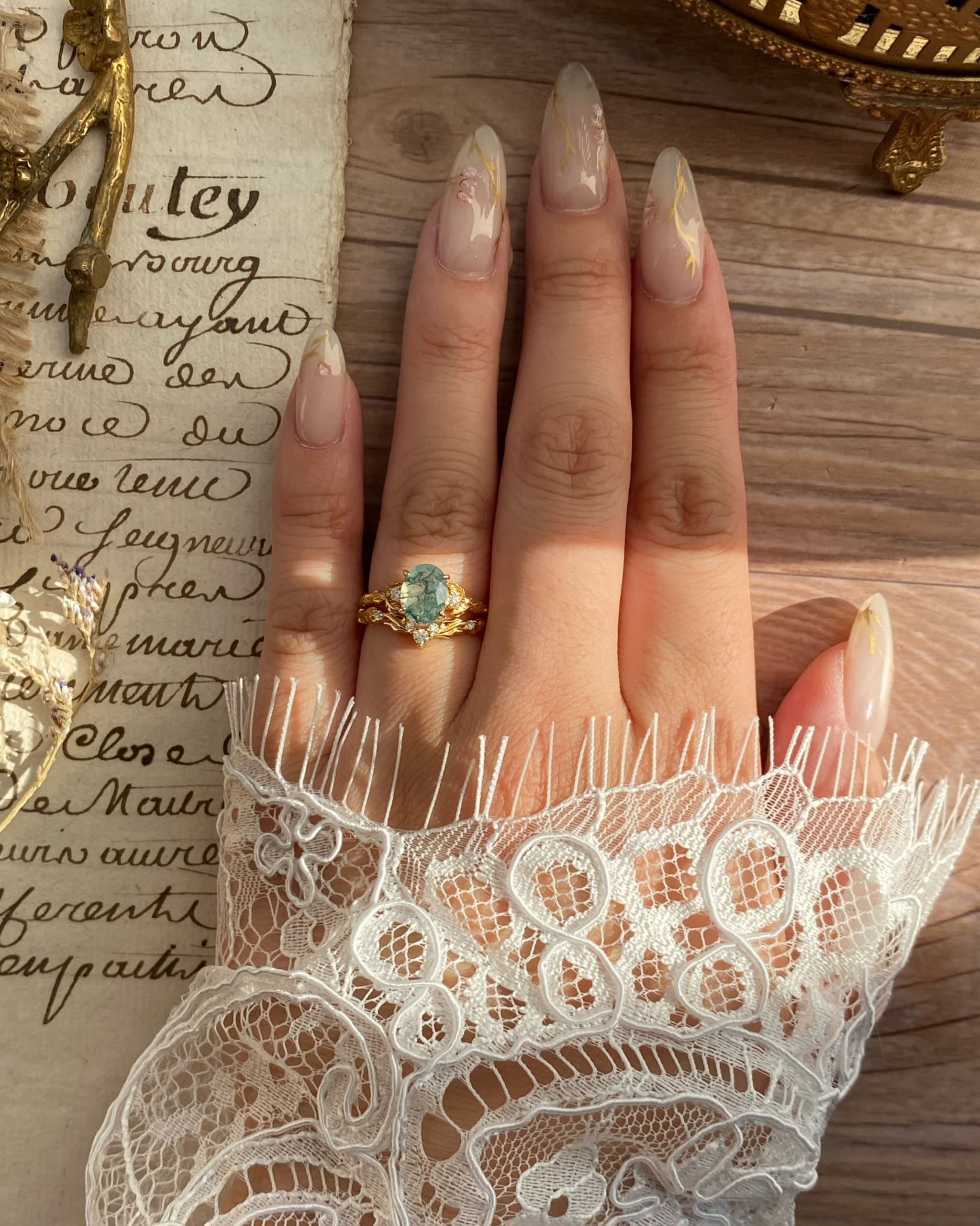 Silvanus | Unique Handmade Oval Moss Agate Engagement Ring Set Vintage Leaf Vine Bridal Band