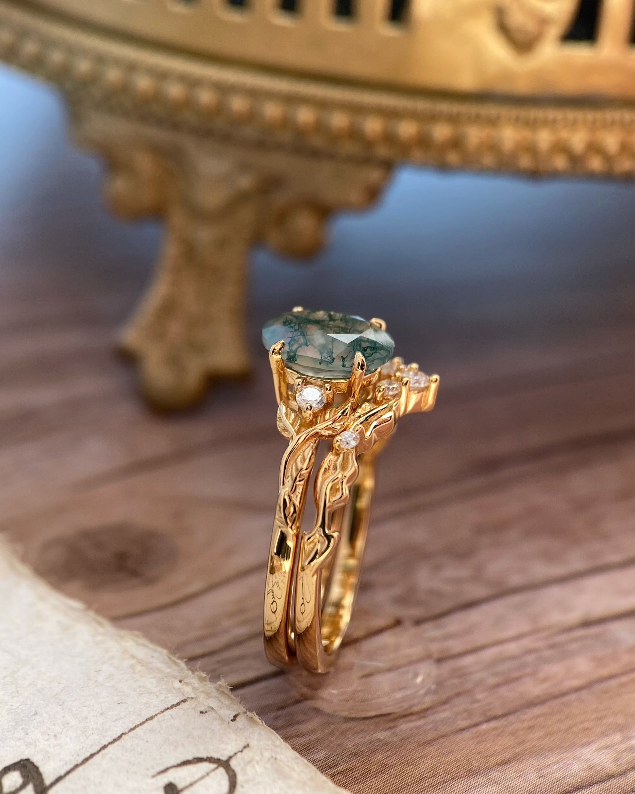Silvanus | Unique Handmade Oval Moss Agate Engagement Ring Set Vintage Leaf Vine Bridal Band