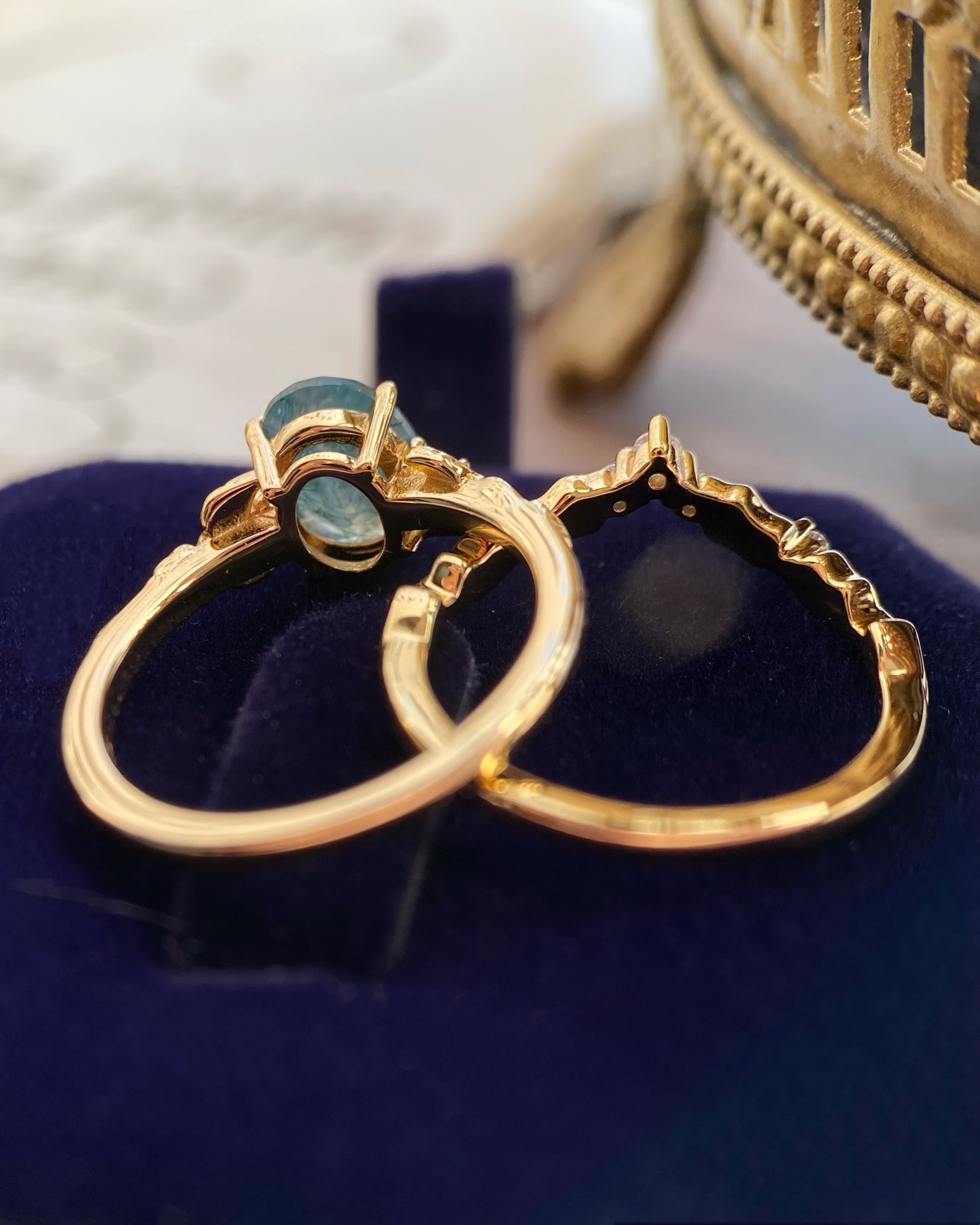 Silvanus | Unique Handmade Oval Moss Agate Engagement Ring Set Vintage Leaf Vine Bridal Band