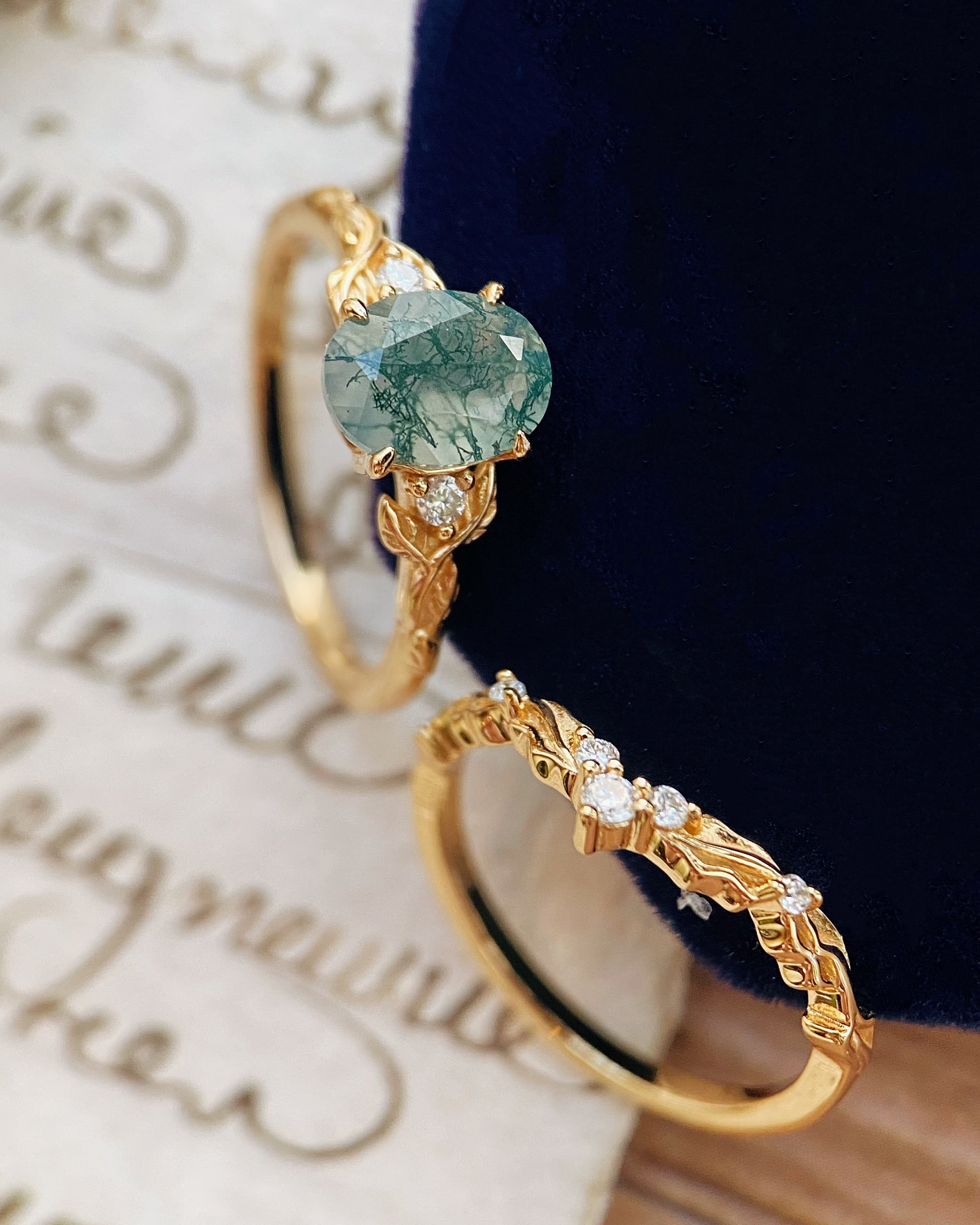 Silvanus | Unique Handmade Oval Moss Agate Engagement Ring Set Vintage Leaf Vine Bridal Band