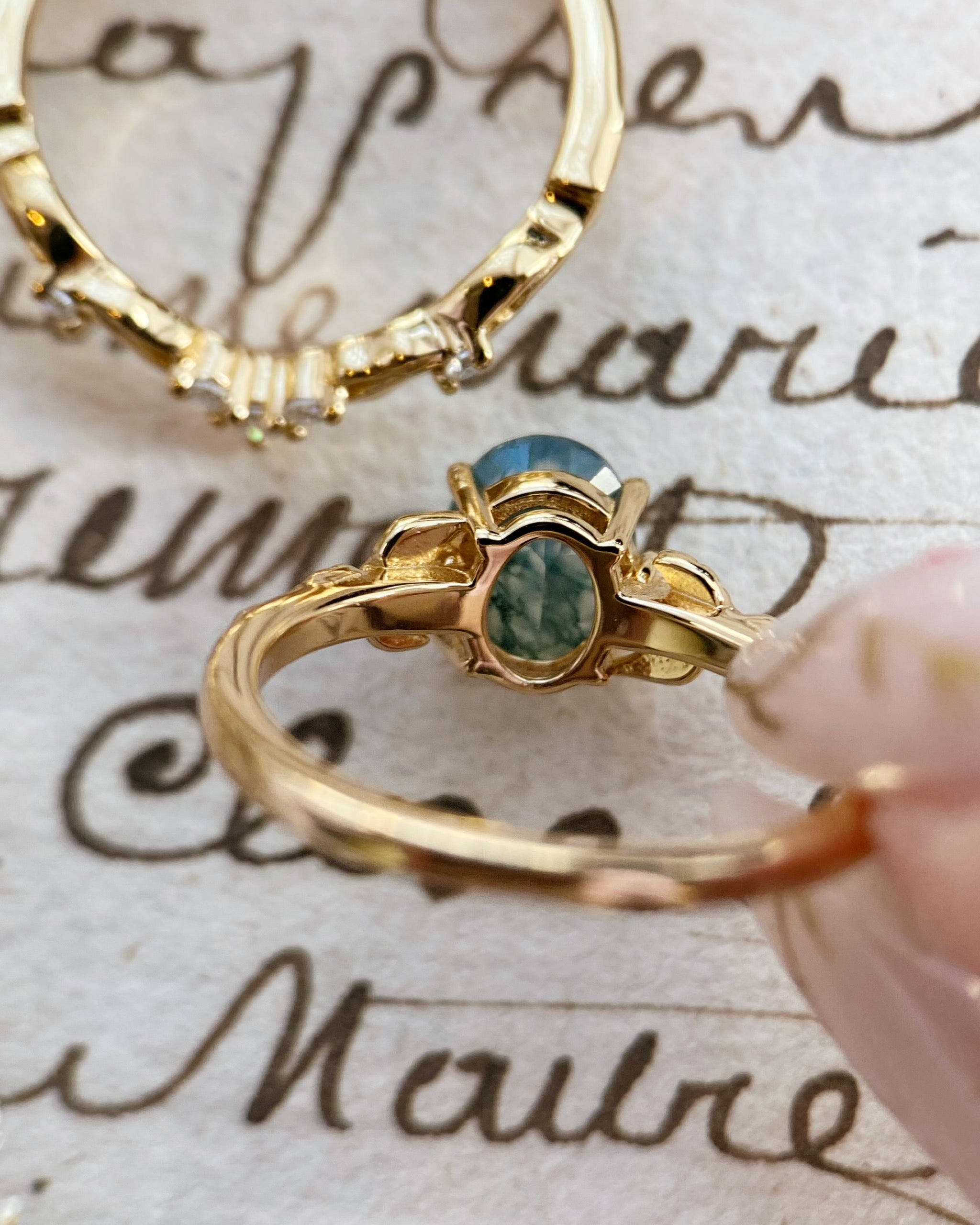 Silvanus | Unique Handmade Oval Moss Agate Engagement Ring Set Vintage Leaf Vine Bridal Band